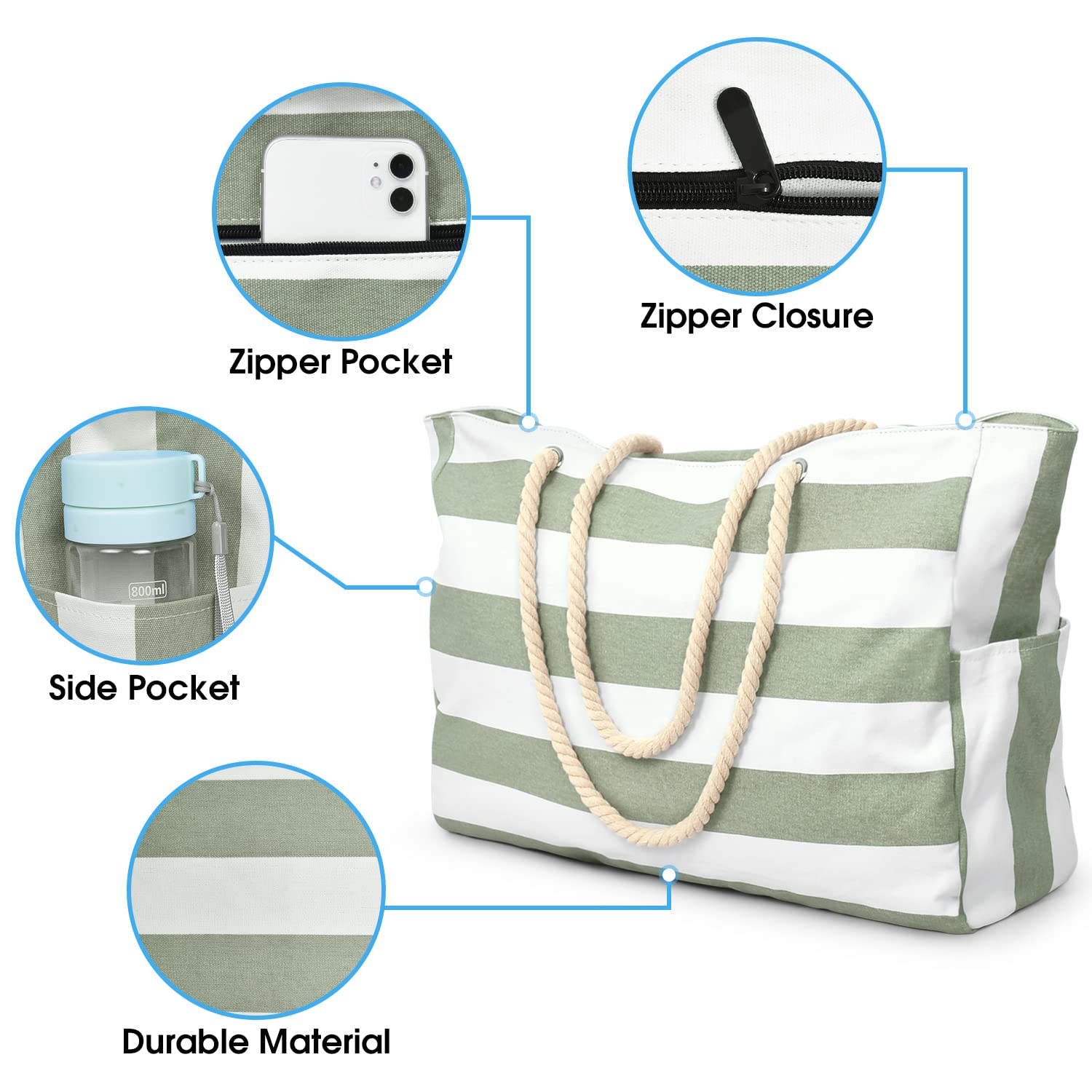oscaurt Beach Bags for Women, Large Waterproof Beach Tote Bag with Zipper Beach Bags Waterproof Sandproof Swim Pool Bag Large Tote