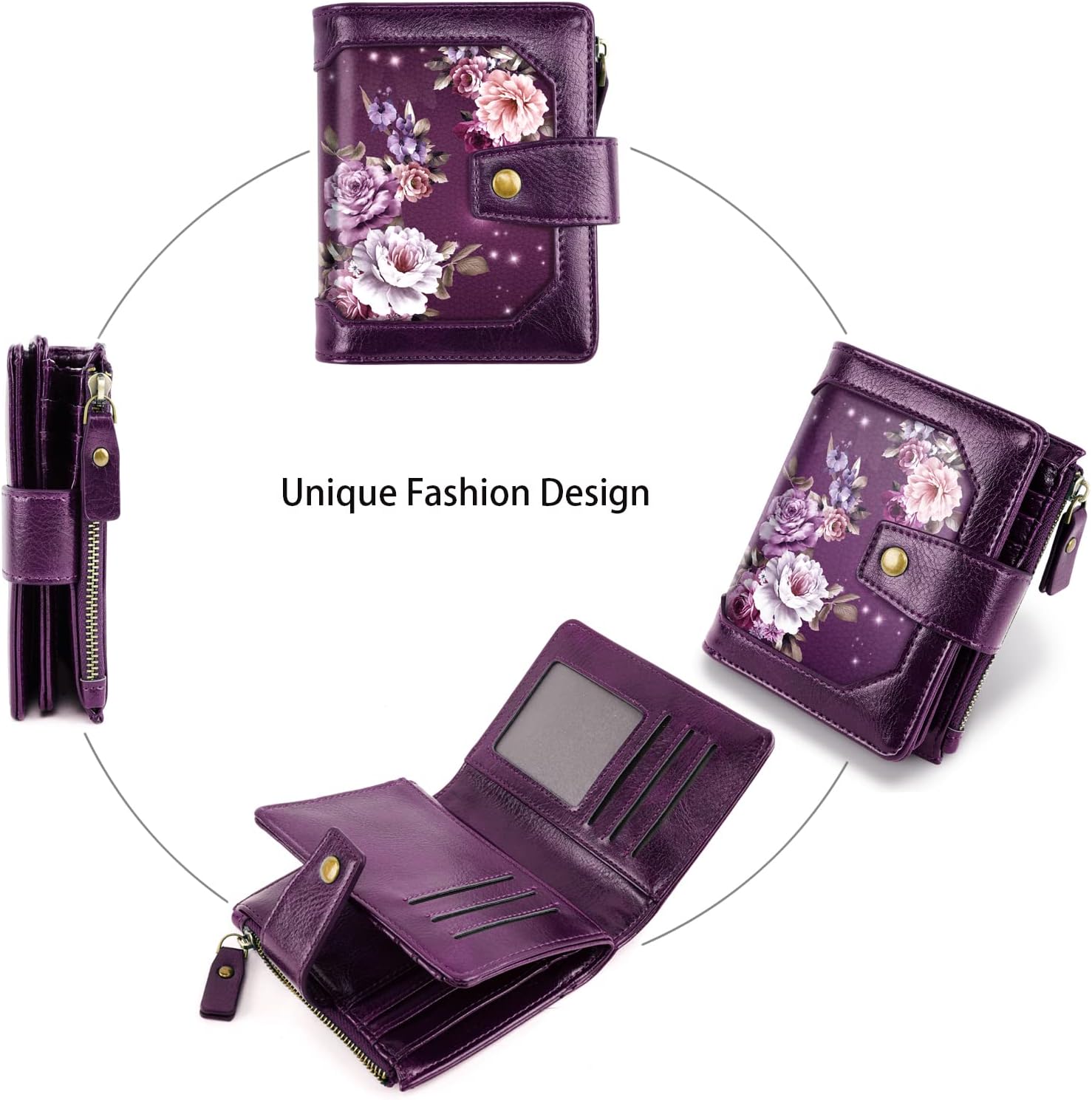 Small Wallet for Women, RFID Blocking Leather Compact Billfold RFID Blocking Zipper Wallet with ID Window,Purple Flowers