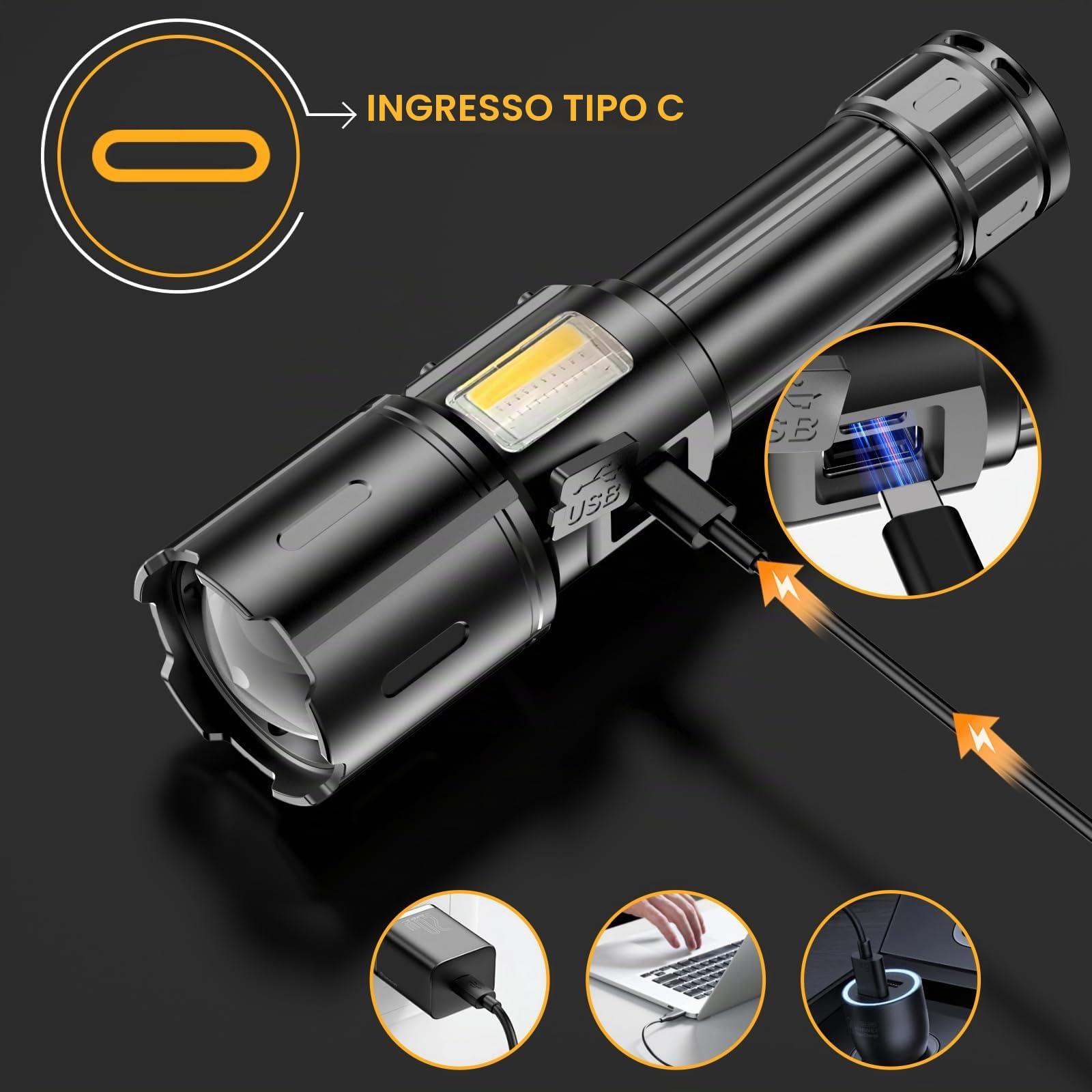 Torcia LED Potente Professionale 1000000 Lumens, Torcia LED Ricaricabile USB C, Torce LED Alta Potenza Ricaricabili, 9 Modalità, Con Luce Laterale COB, Per Campeggio Trekking Emergenza
