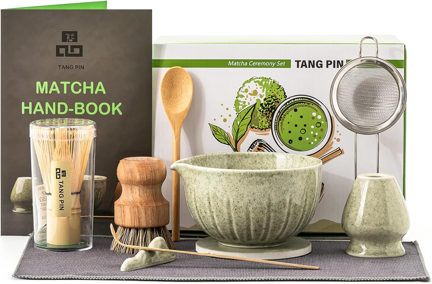 TANG PIN 10Pcs Matcha Whisk Set, 15 OZ Matcha Bowl, Matcha Whisk and Stand, Scoop, Sifter, Spoon, Coaster, Cleaning Brush and Tea Towel, Perfect Matcha Kit for Tea Ceremony
