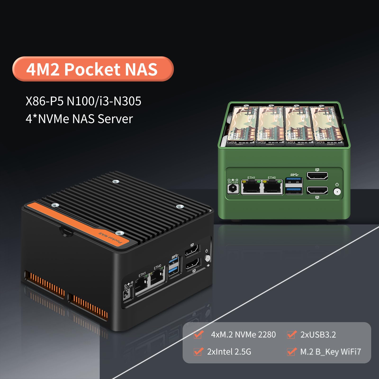 4 x NVMe Mini NAS Server, 4 Bay NAS i3-N305 Pocket PC with Dual i226-V 2.5GbE LAN,Dual HDMI 2.0,USB3.2 Gen2,Support BT5.4/WiFi6/WiFi7 (i3-N305, NO RAM NO SSD)