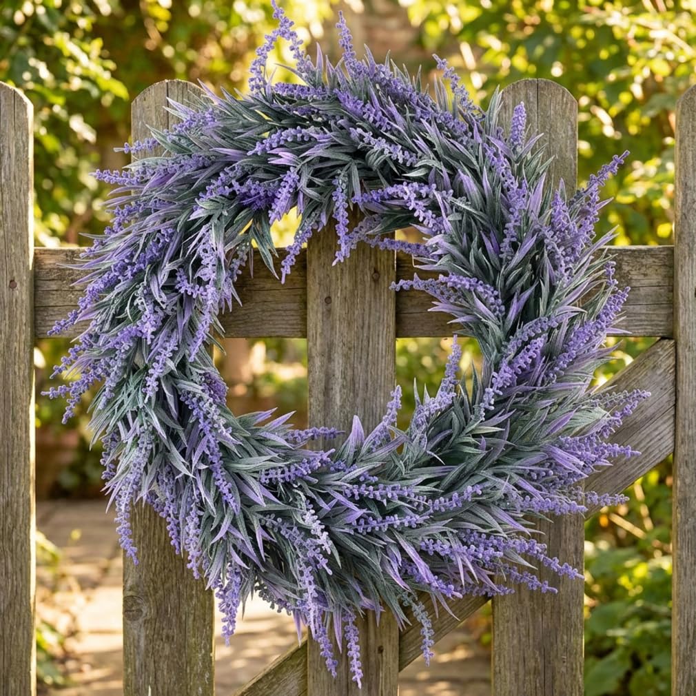 Latemeia Purple Lavender Wreath, 15 Inch Artificial Spring Wreath For Front Door - Floral Door Wreaths For Home Decor All Seasons, Homeused