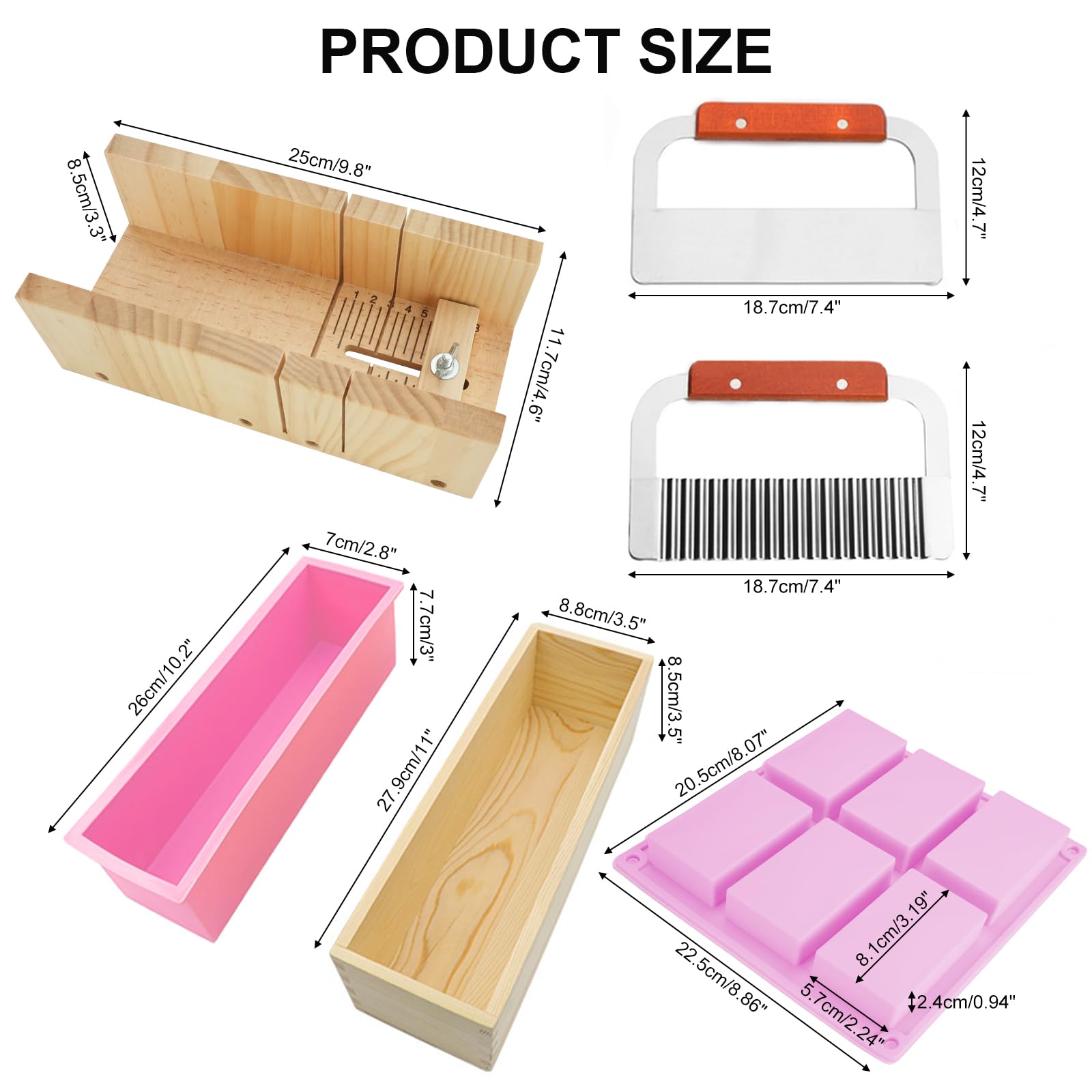 RETON 8 sztuk narzędzi do cięcia mydła, 1 x forma do wycinania, 1 x prostokątna silikonowa forma do bochenek z drewnianym pudełkiem i pokrywką, 2 x nóż do ciasta, 2 x forma do mydła
