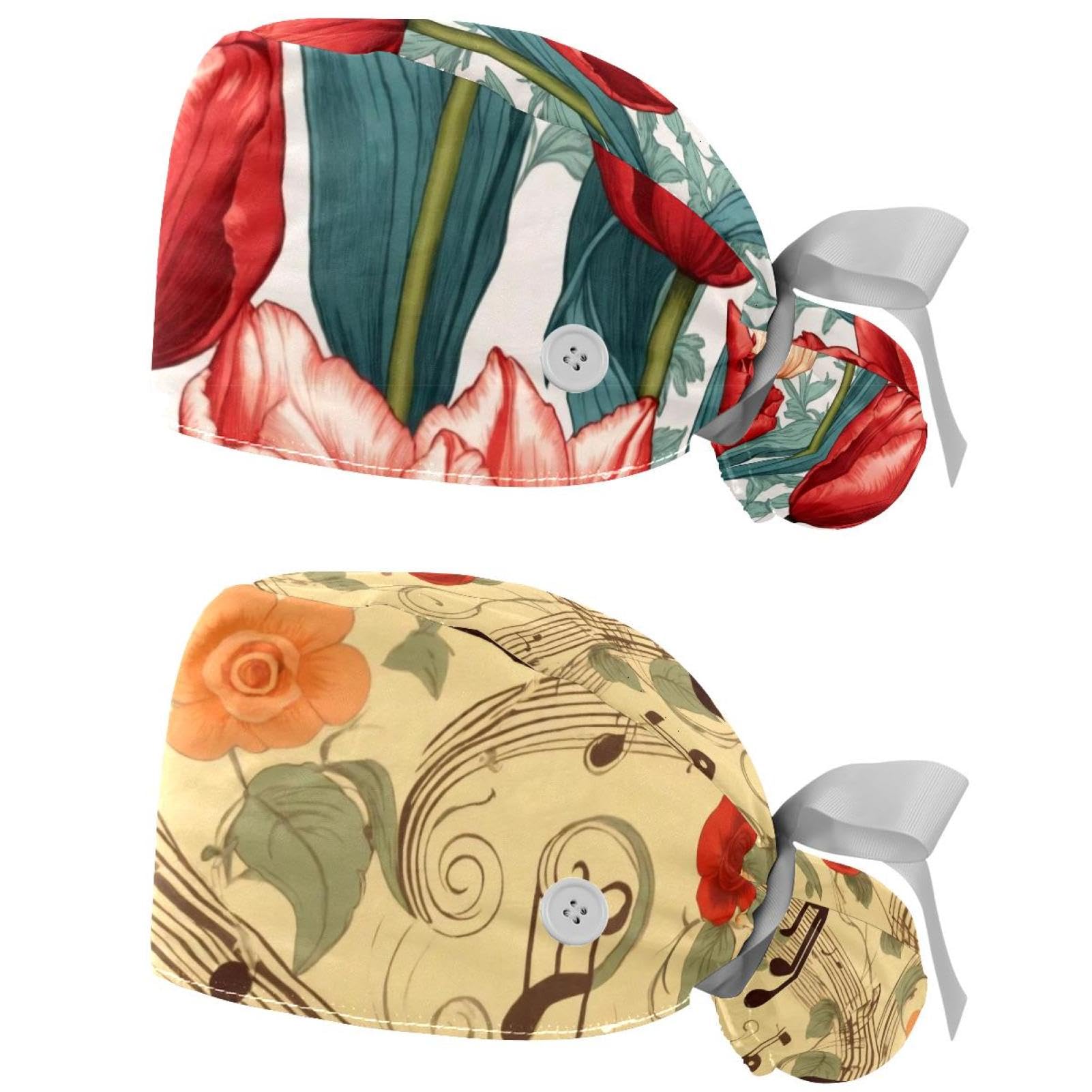 2 Pcs Working Cap with Buttons Sweatband Tulip Seamless Ribbon Tie Back Bouffant Hats