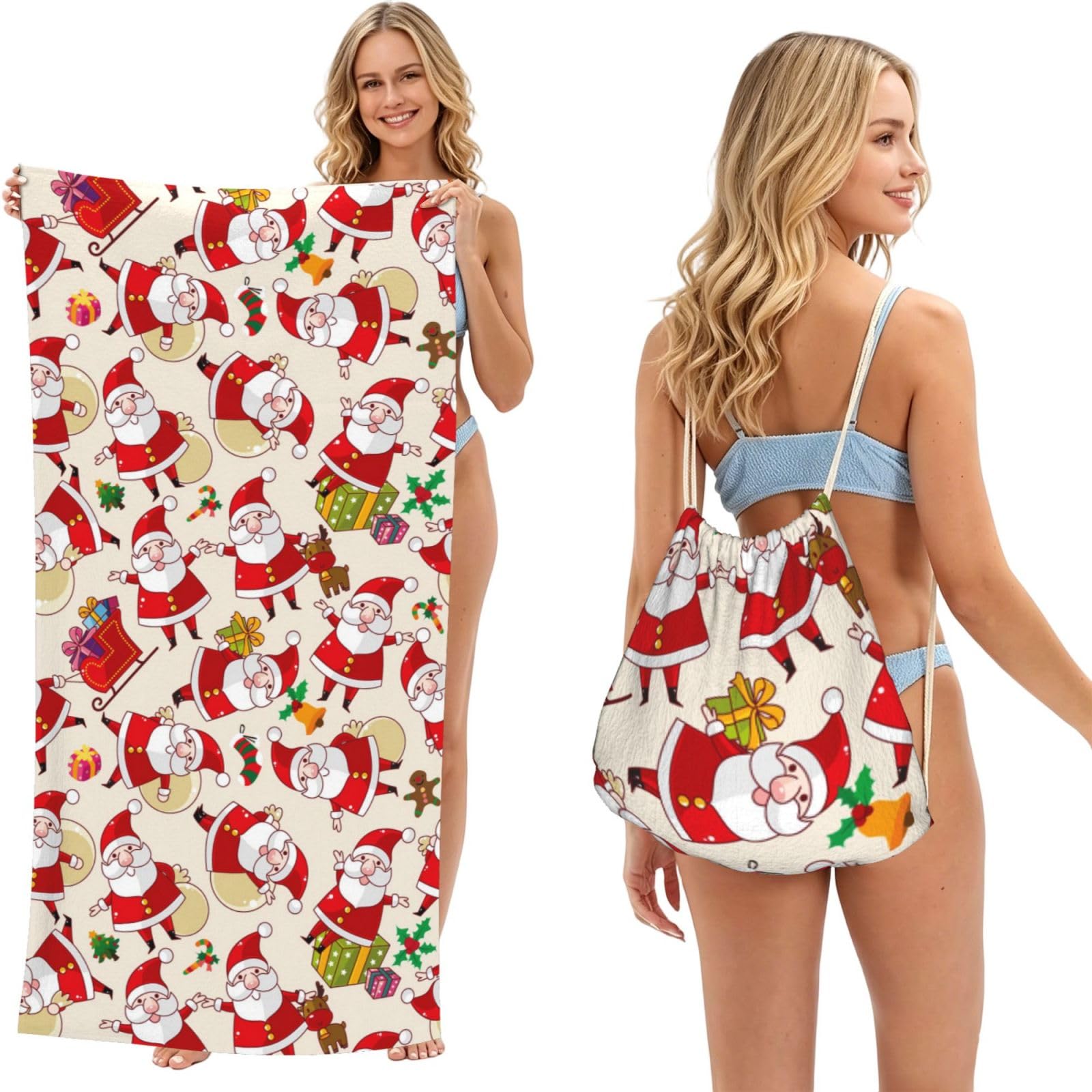 Poadnly As Picture Christmas Santa Claus Xmas, 2 In 1 Packable Towel Bag, Beach Towels With Drawstring Backpack For Travel Holiday Camping