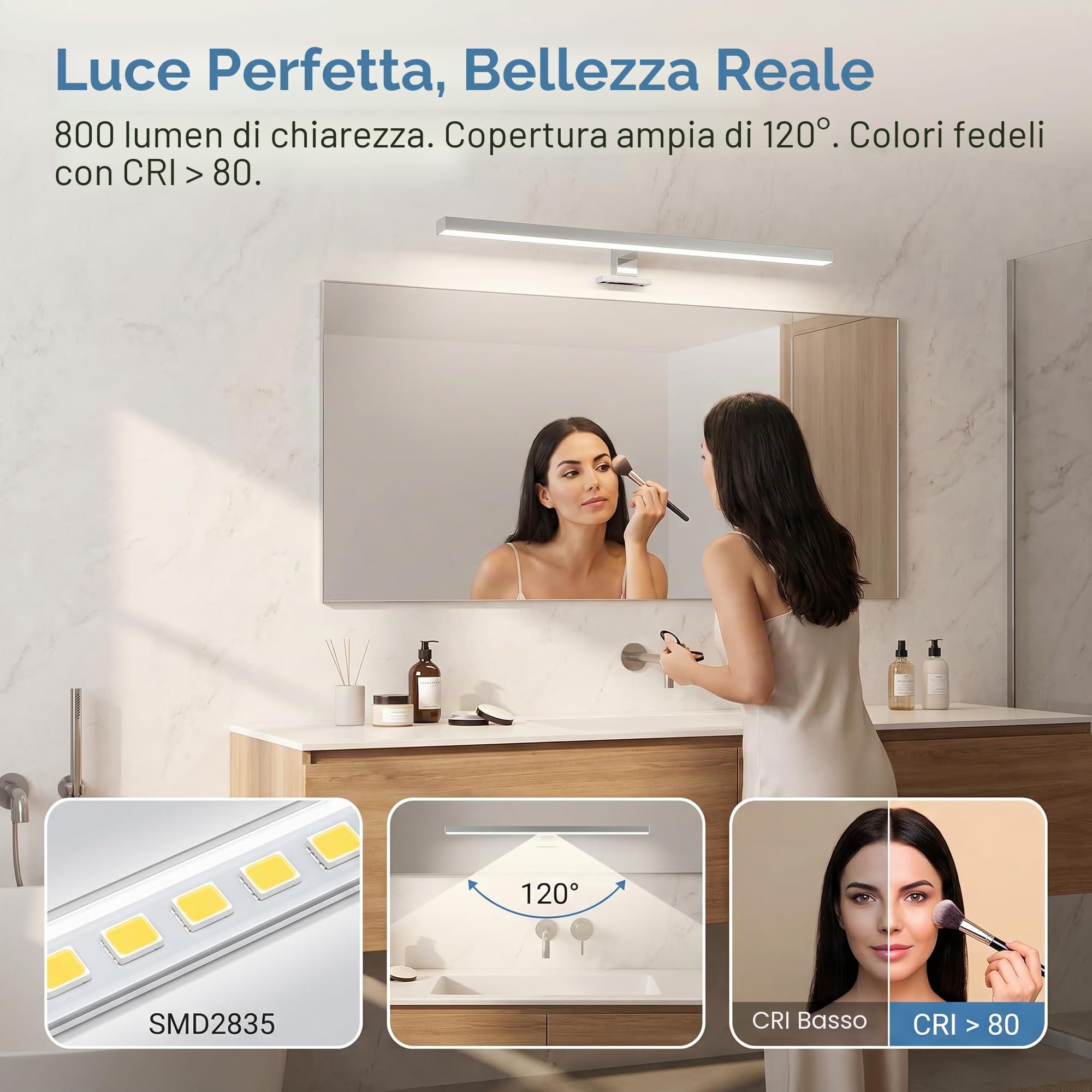 BARCELONA LED Applique LED Specchio Bagno 10W 50cm, Luce Specchio Bagno 3000K 800lm, IP44 Resistente all'Umidità, Montaggio su Specchio, Mobile o Parete, Lampada Bagno in Alluminio e Policarbonato