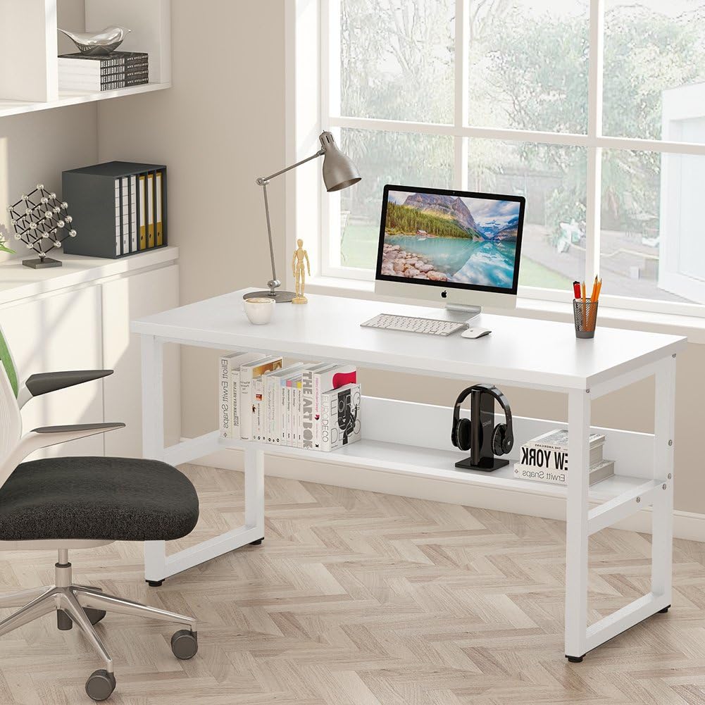 Tribesigns Computer Desk with Bookshelf Works, 55 Inches Office Writing Desk Study Table Workstation for Home Office