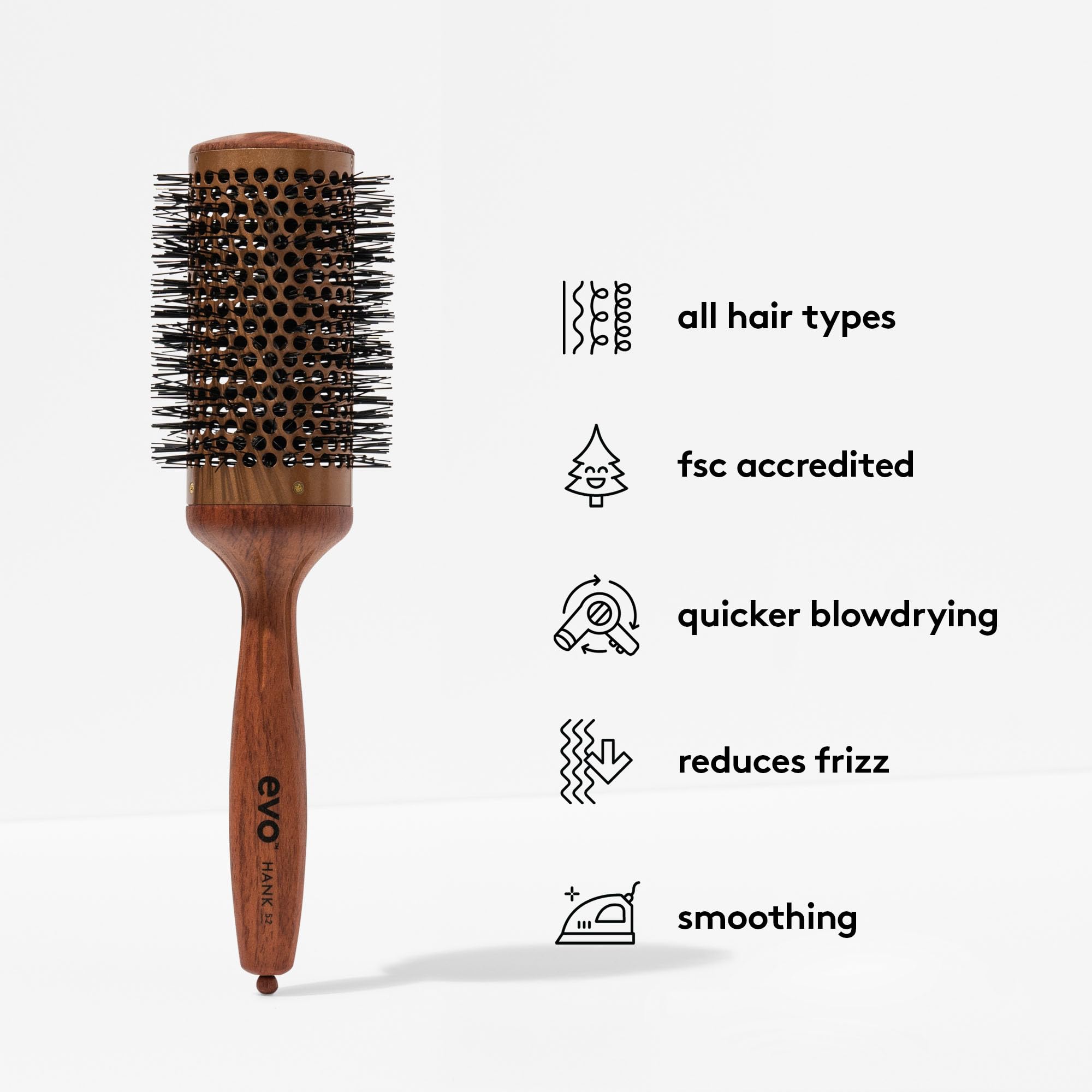 Evo Hank Ceramic Radial Brush 52 mm, ceramiczna szczotka do szybkiego i łatwego suszenia włosów, szczotka do włosów dla kobiet, kobiet i mężczyzn, wyprodukowana z certyfikowanego drewna