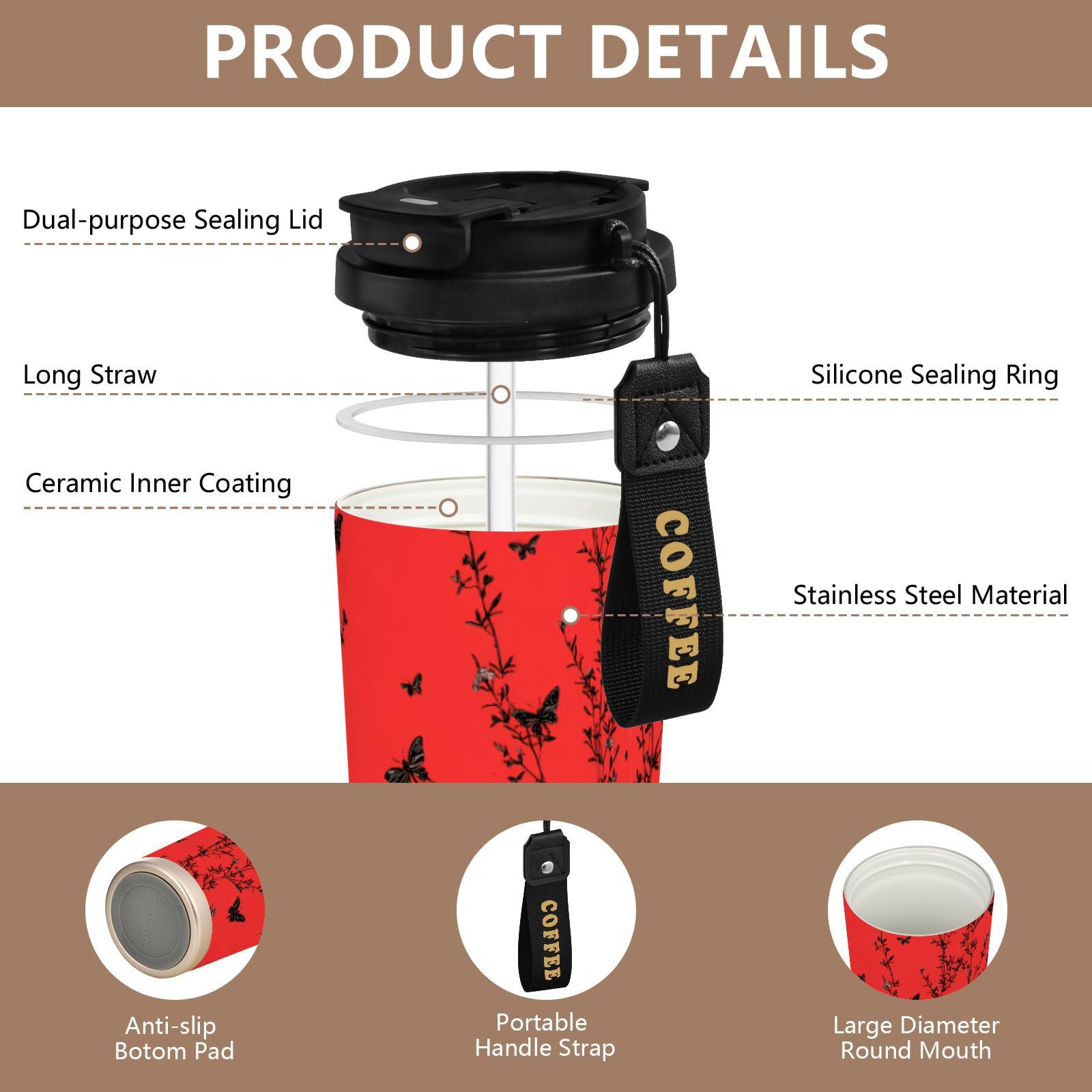 linqin Taza de café de viaje con diseño de mariposas negras y plantas, taza térmica de acero inoxidable para frío y calor, 481.9 g, a prueba de fugas