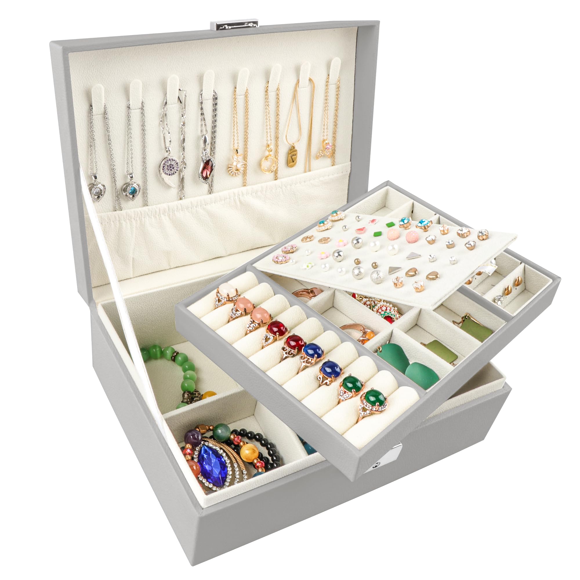 Homeanda, Portagioie in pelle a 2 ripiani con serratura, per donne, bambine e ragazze (grigio (UG-grey))