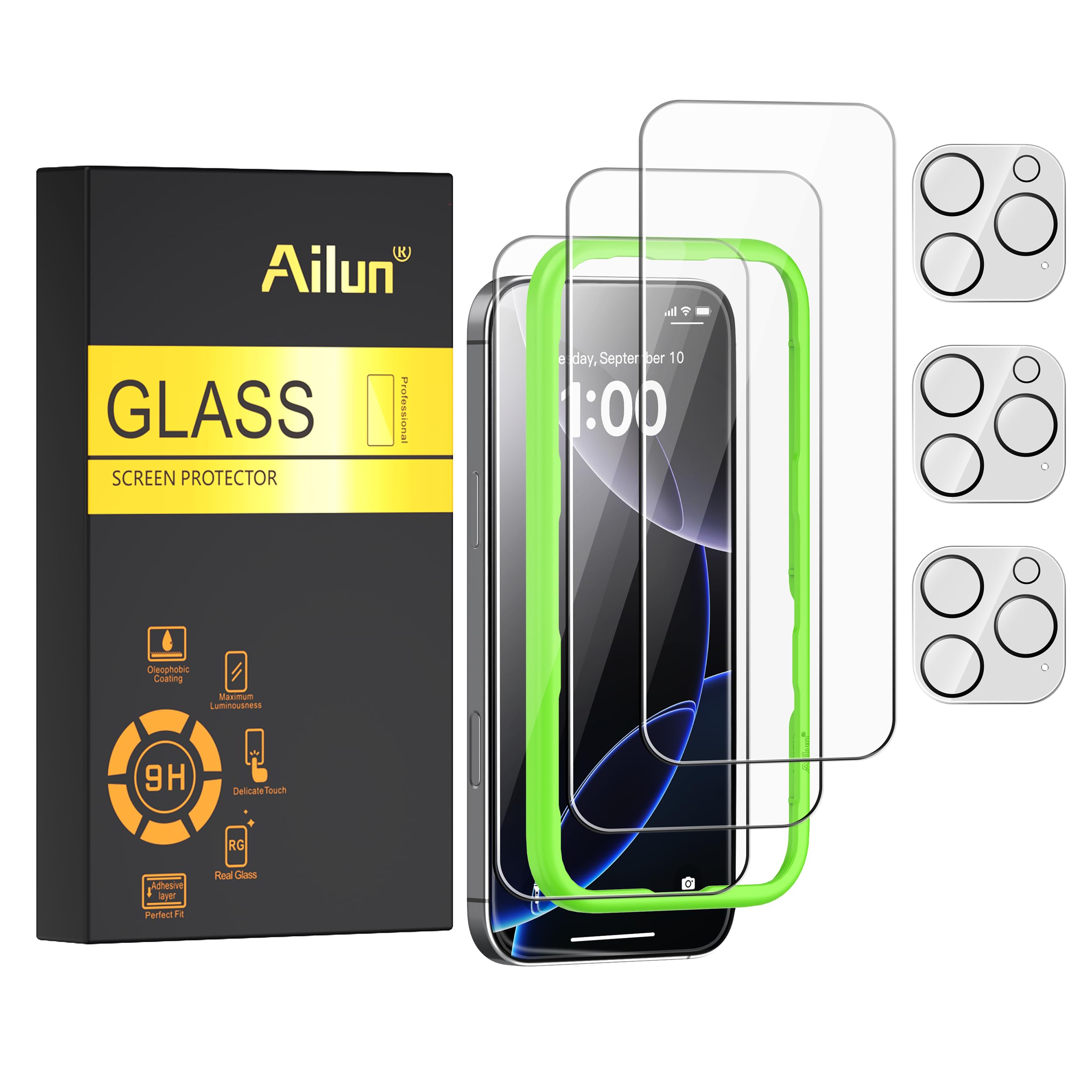 Ailun iPhone 16 Pro用スクリーンプロテクター 3枚パック [6.3インチ] + カメラレンズプロテクター 3枚パック 取り付けフレーム付き ケースに優しい強化ガラスフィルム [硬度9H] - HD [6枚パック]