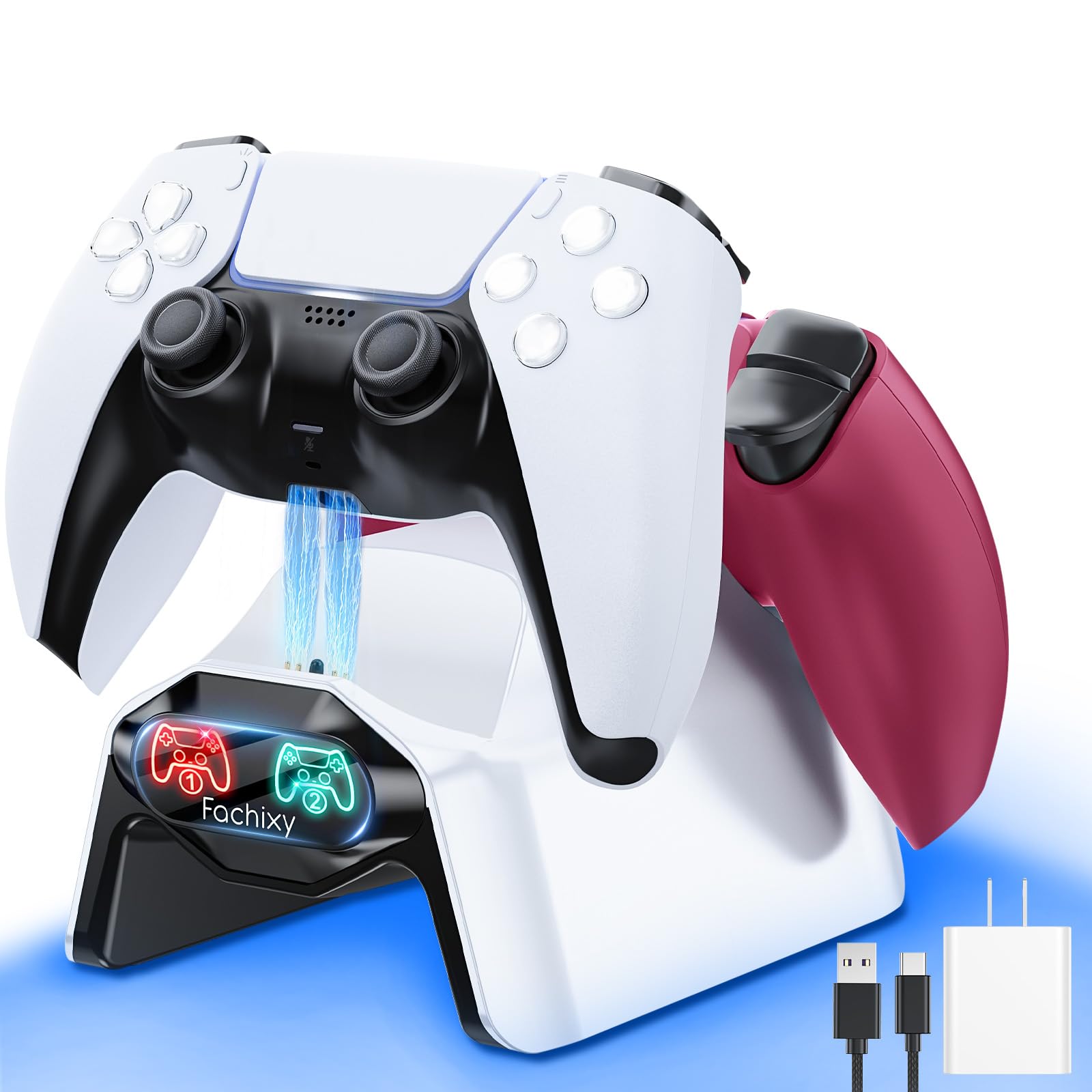 Fachixy Cargador de Controlador para PS5, Base de Carga rápida de 2 Horas para PS5 DualSense, estación de Carga con enchufes y Cables Individuales, con indicador LED