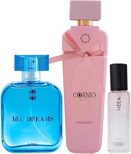 Ajmal BLU DREAMS 100ML and MARYAJ COSMOGIRL 100ML EDP & Neea EDP of 20ML Pack of 3 (Total 220ML) for Men & Women
