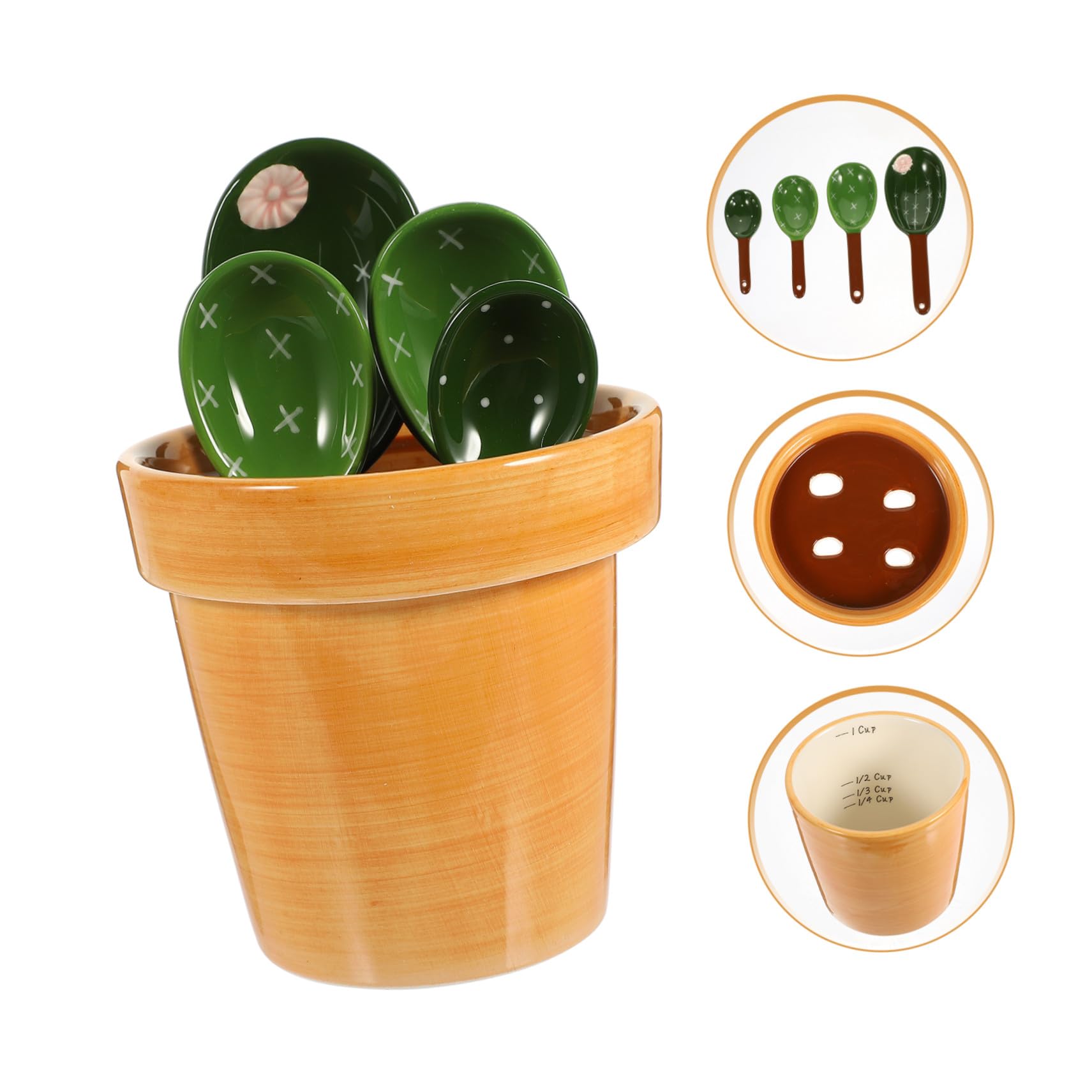 Cucharas Medidoras de Cactus 5 Piezas Tamaño Preciso Cerámica Resistentes para Ingredientes Secos y Húmedos Cocina Hogar Soporte Base para Hornear y Condimentar