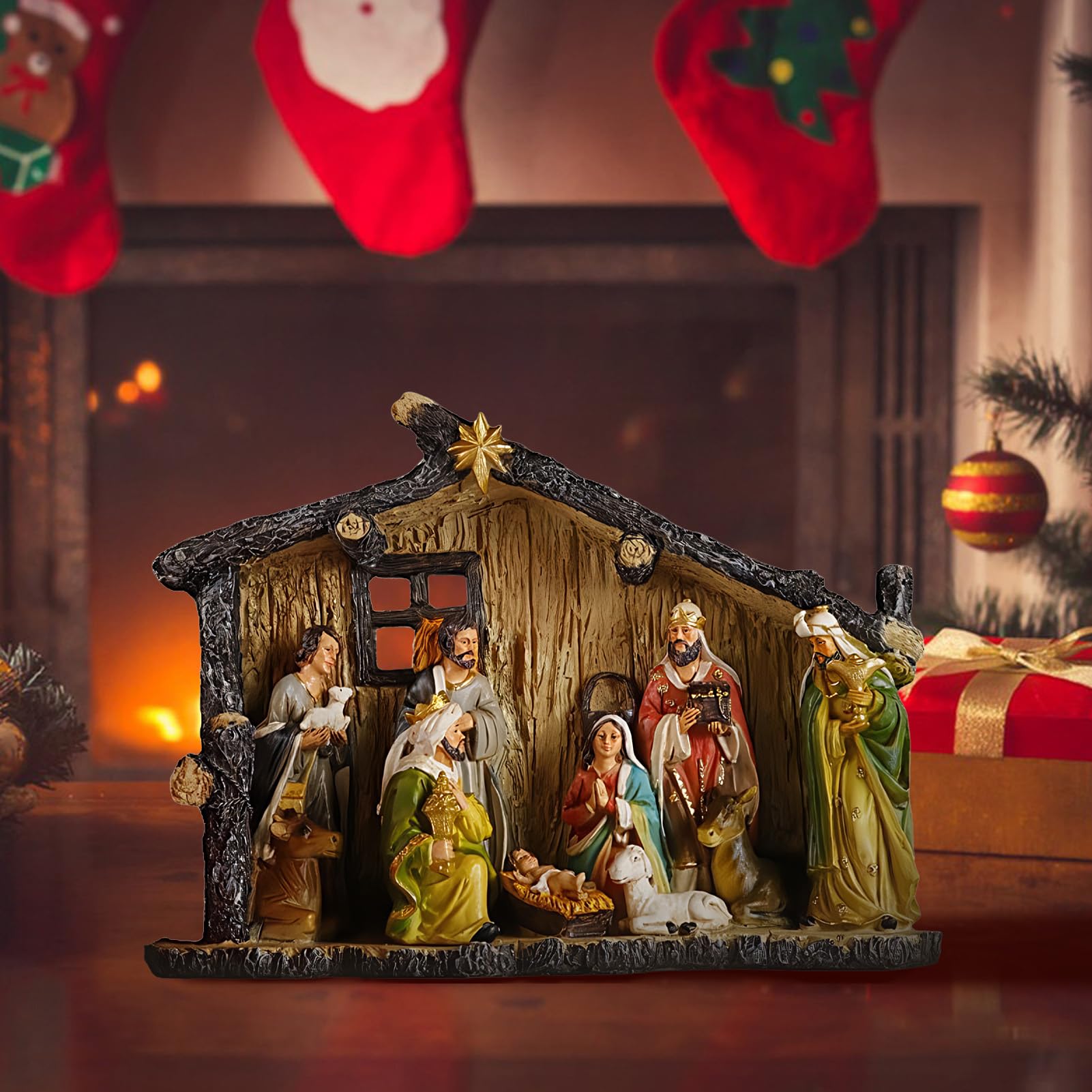 Scena della Natività - Decorazioni di Statue di Natale da 38 cm - Statuine della nascita di Gesù in resina con asilo nido - per tavolo caminetto famiglie cattoliche chiesa casa
