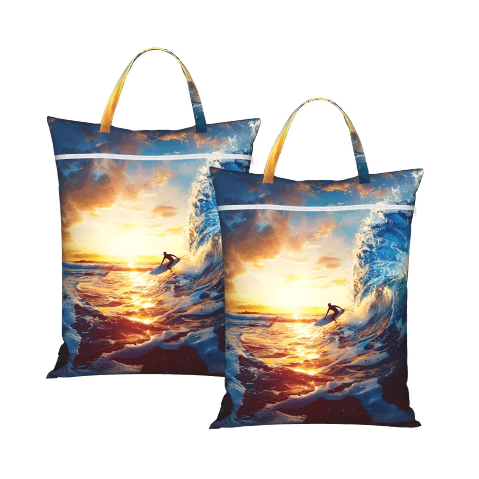 Large Travel Laundry Bags,Sunset Sea Surfing Seascape Print with Handle Foldable Laundry Bag for Holidays Gym Swimming and Family Trips, 2Pcs