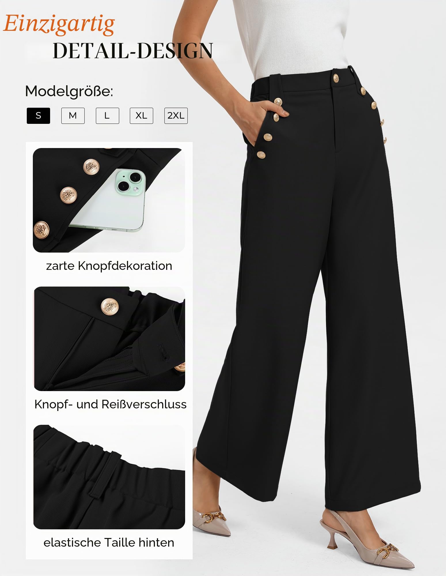 GRACE KARIN Anzughose Damen Elegant Weite Arbeitshosen Stoffhose | Hochtaillierter Gummibund,Taschen,Zierknöpfe,Business-Casual,Arbeit,Büro,Meetings,Pendeln,Feiern,Formell