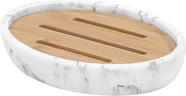 Luxspire Soap Dish Tray, Resin Soap Dish, Bamboo Soap Bar Holder Box for Shower Kitchen Sink, Double Layer Draining Soap Container Box, Wood Soap Case, Bathroom Marble Pattern Tray, Gravel white