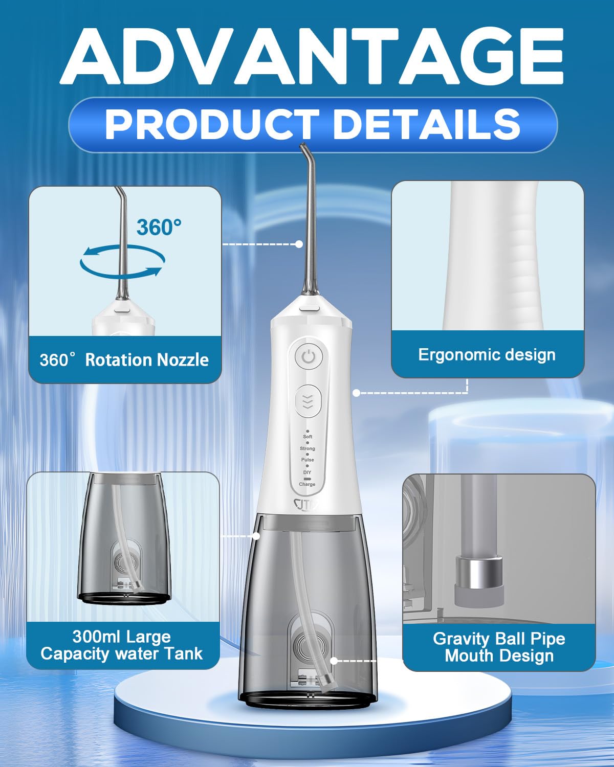 Munddusche JTF Zahndusche & Zungenreiniger, 300ML Wassertank, USB-C Wiederaufladbare Water Flosser, Modell F100