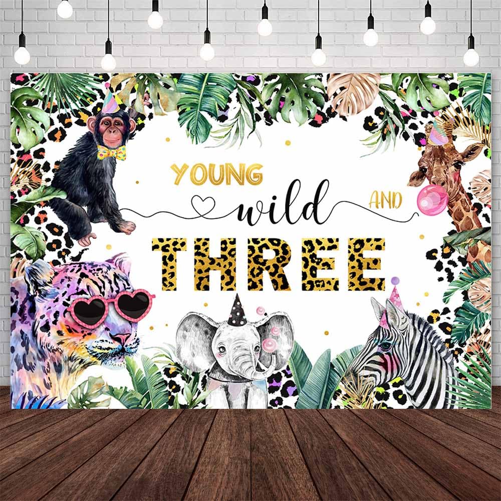 AIBIIN 7x5ft Young Wild and Three Birthday Backdrop for Kids Safari Jungle Wild Animals Third Birthday Photography Background Green Leaves 3rd