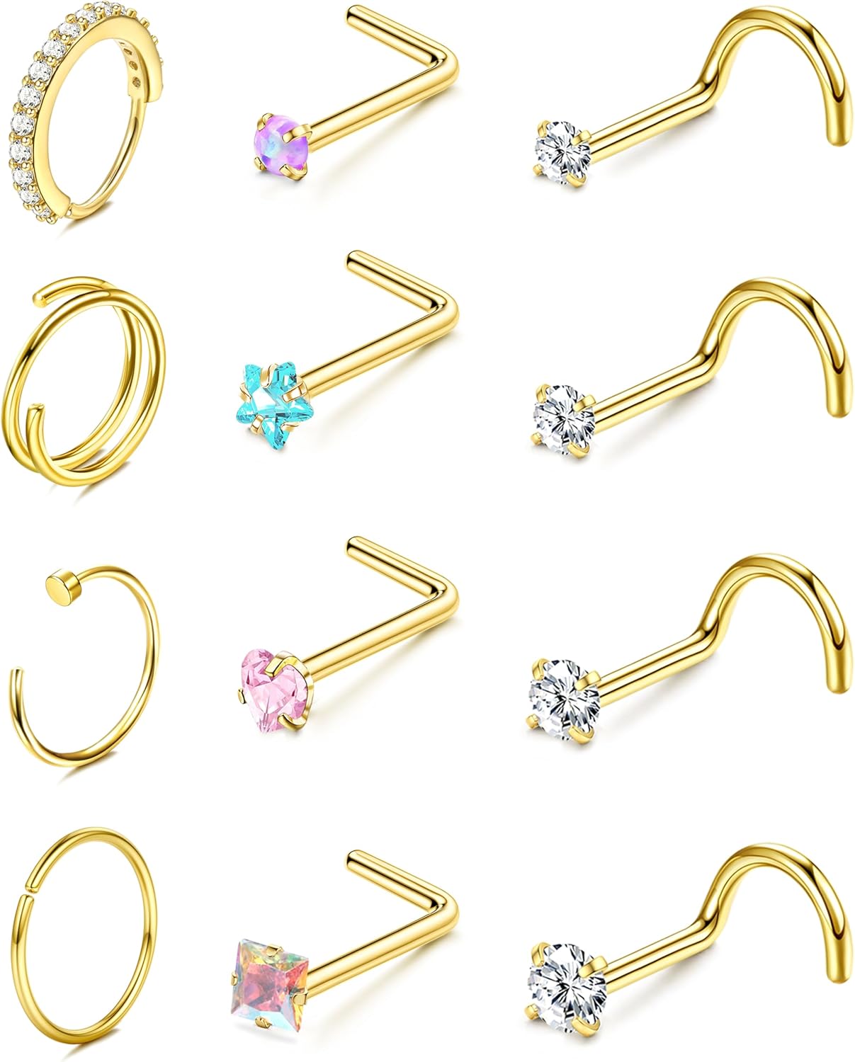 ORAZIO Nose Rings for Women - 14K Gold Filled Hypoallergenic Surgical Steel Nose Ring Hoops 18G/20G/22G Small Cute CZ Screw L Shaped Nose Studs Piercings Jewelry for Women Men 12Pcs