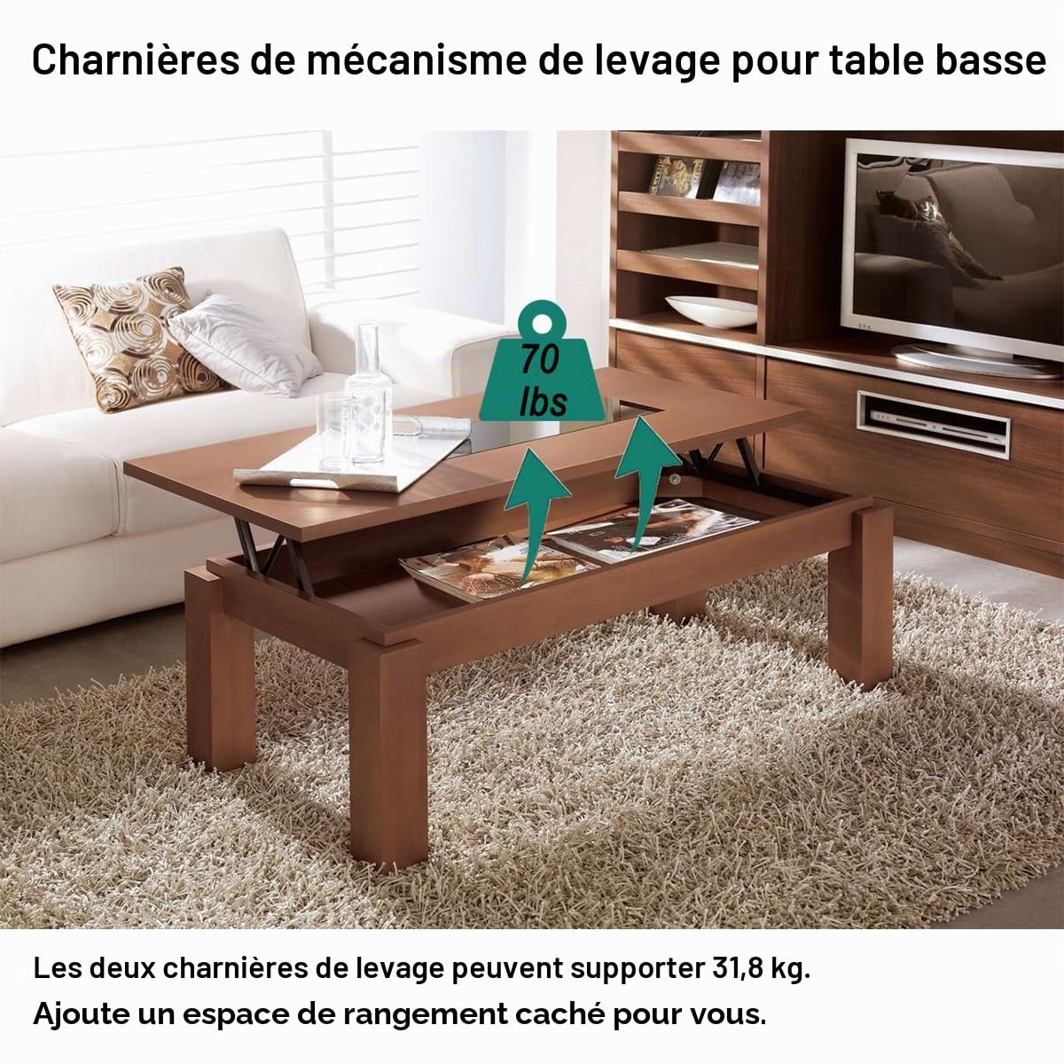 Lot de 2 charnières de table basse pliables - Matériel de table basse - Charnière de table relevable - Mécanisme de table pliable - Noir (acier)