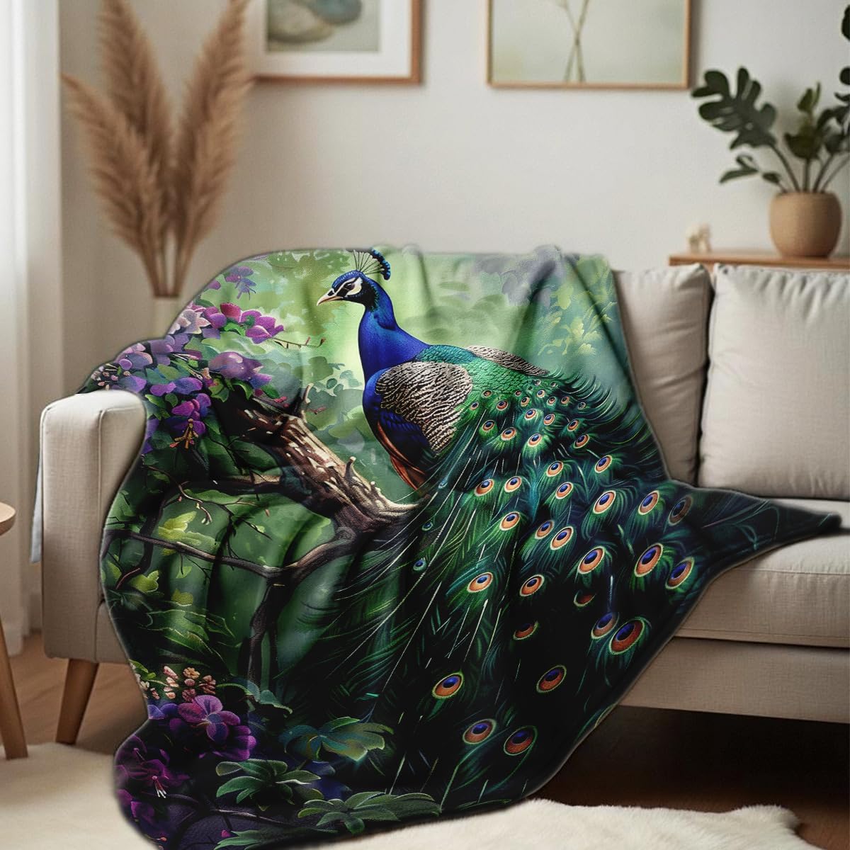 Peacock Print Blanket Soft Beautiful Peacock Flannel Throw King Size Animal Blanket for Couch Sofa Bed (Green, 50"x60")
