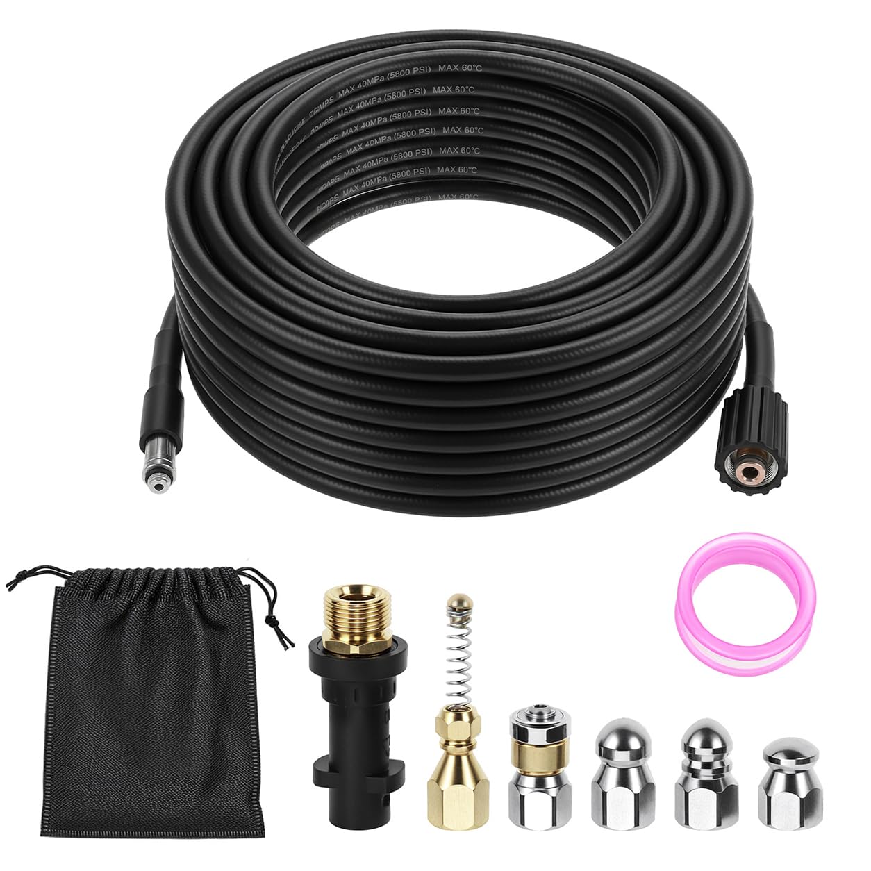 QWORK® Tuyau de Débouchage Canalisation 30m – 5800 PSI / 400 Bar avec 5 Buses et Adaptateur Laiton, compatible avec Karcher K2-K7 – Flexible Haute Pression Heavy Duty pour Égout, Évier et Drain