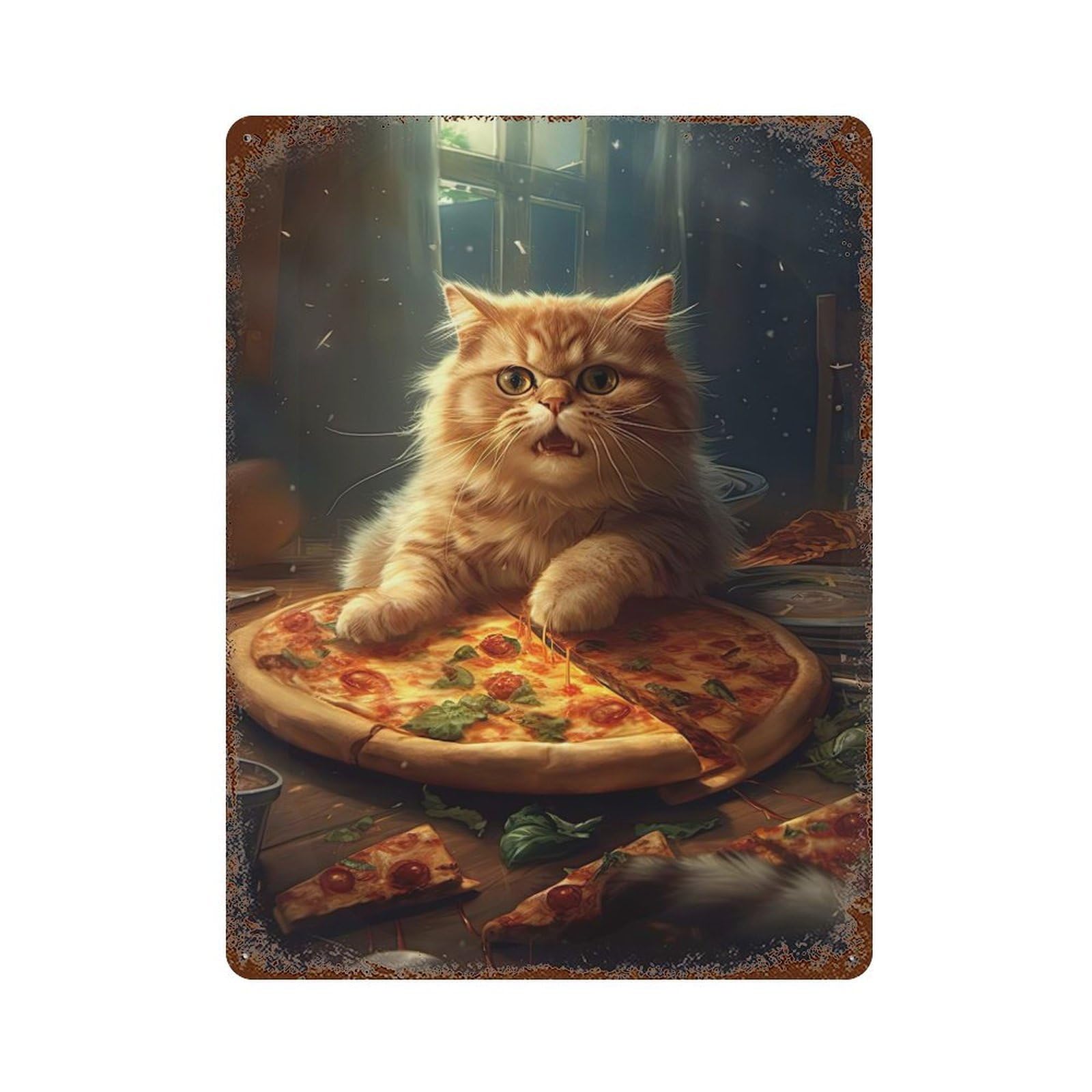 Cat With Pizza Rust Effect Tin Sign 15.7"x11.8", Industrial Home Decor for Garage, Bar And Workshop Decor