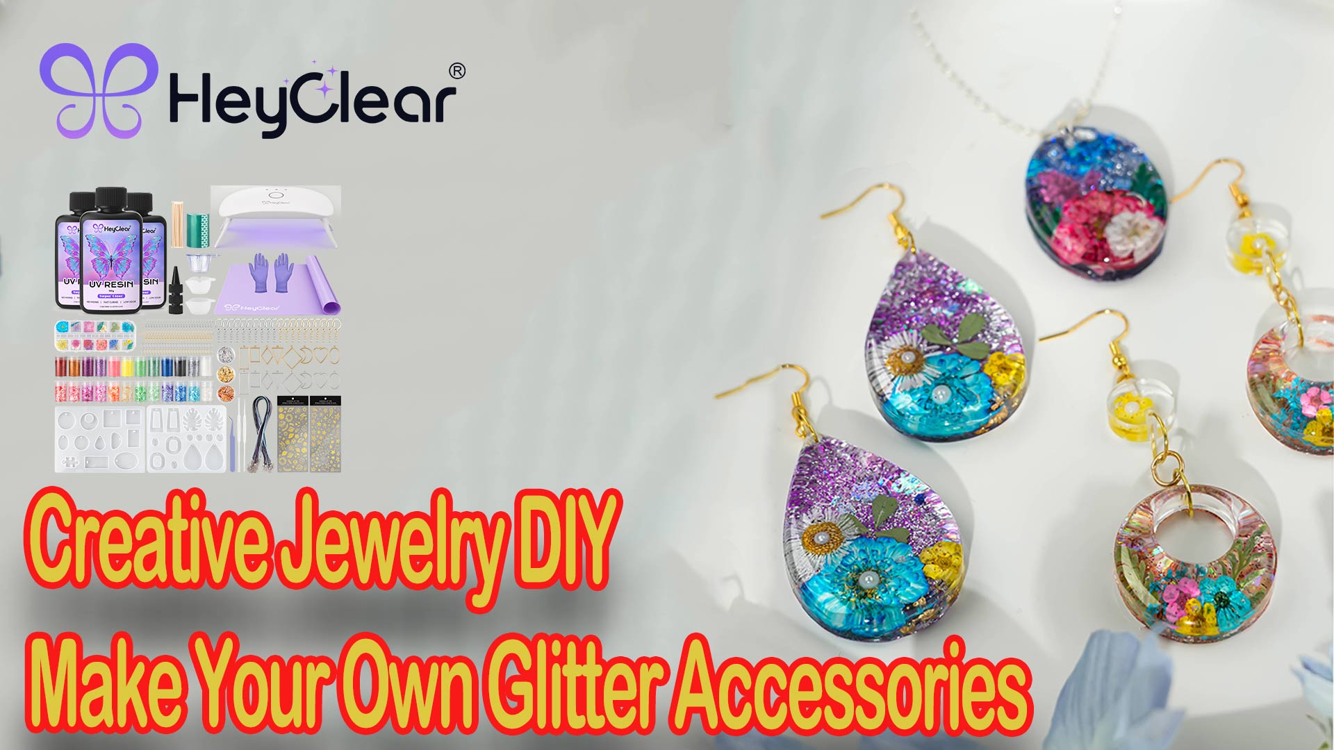 HeyClear UV-hars Startset | 250g Heldere Hars + UV-lamp | Inclusief Mallen, Kleuren, Bloemen | Snel Uithardend | Voor Sieraden En Knutsels