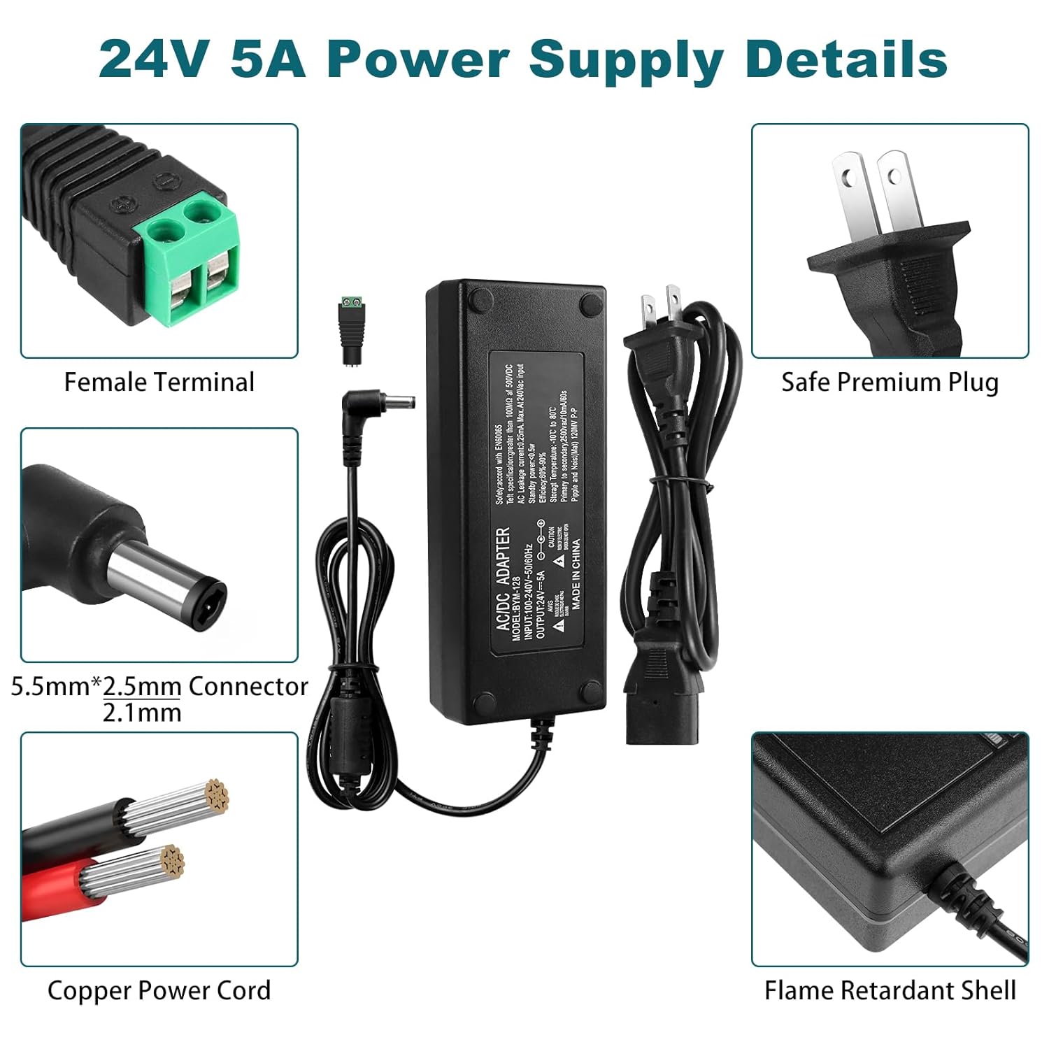 inShareplus DC 24V 120W Power Supply, 100-240V AC to DC 24V LED Driver, 24 Volt 5Amp Low Voltage Transformer, with 5.5mm x 2.1mm DC Plug, Adapter for 24V LED Strip Light,LED Display,CCTV Camera - Image 3