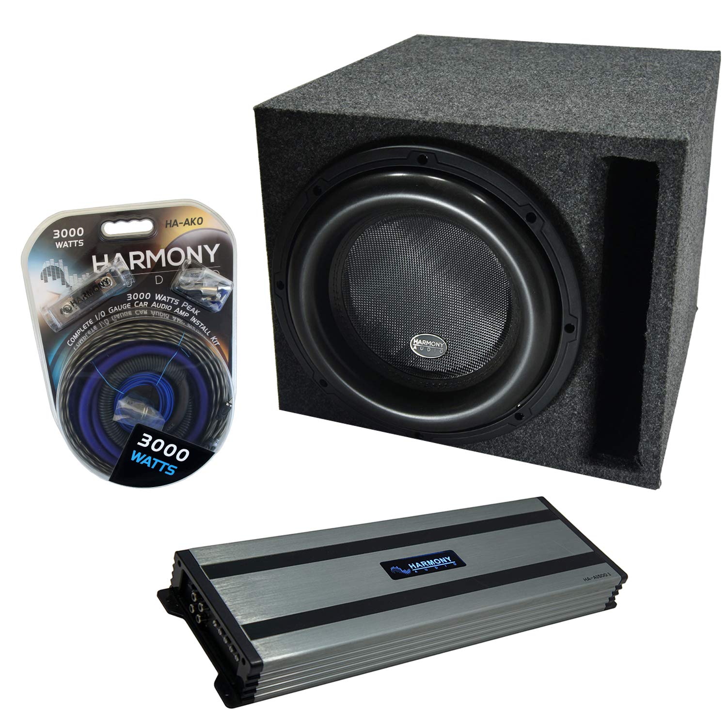 Harmony Audio Bundle HA-ML121 Loaded 12" Sub 3000W Slot Vented SPL Sub Box Bundle with HA-A1500.1 Amp & Install Kit