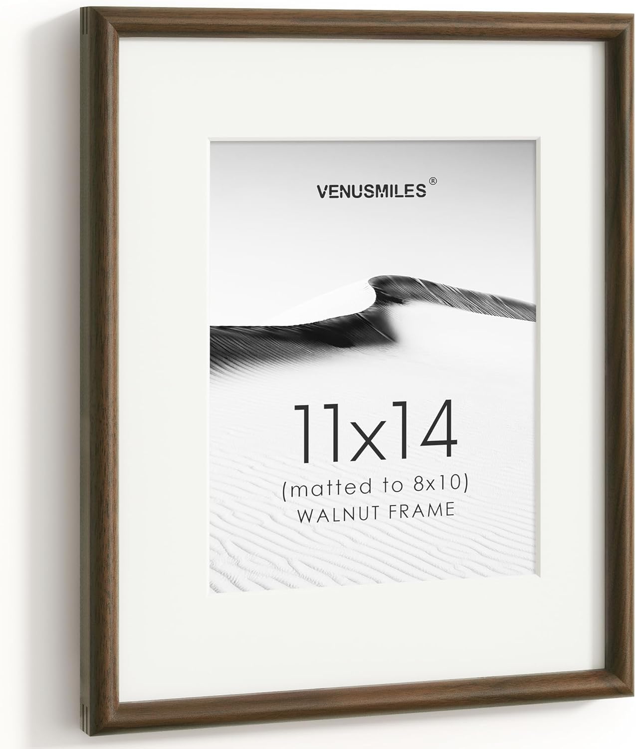 Venusmiles 11x14 Picture Frame, Natural Solid USA-Sourced Walnut Wood Photo Frames with HD Tempered Glass, Handcrafted Rounded Edge Wooden Frame Matted to 8x10, Gallery Wall Art Mount Display