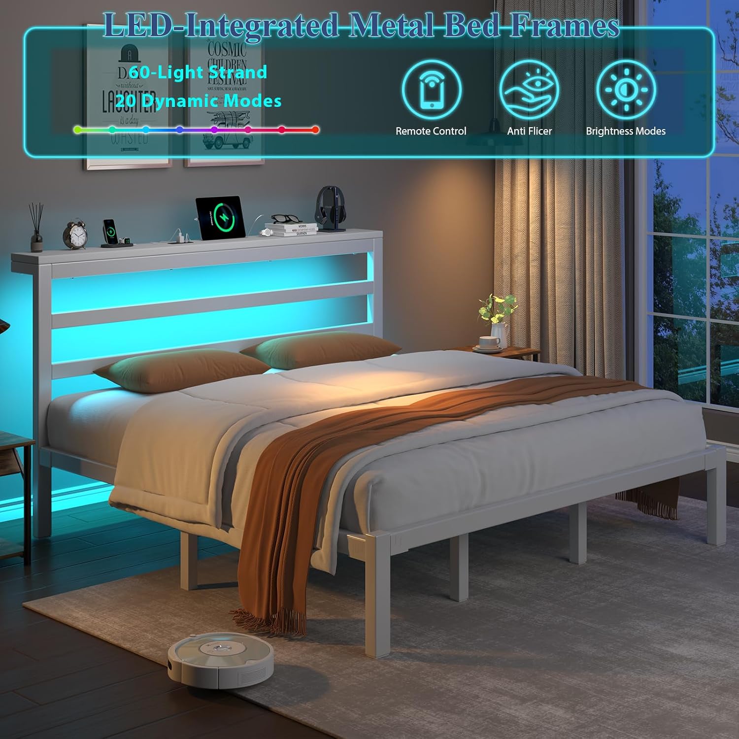 Bed Frame with Blue LED Lights and Control Icons