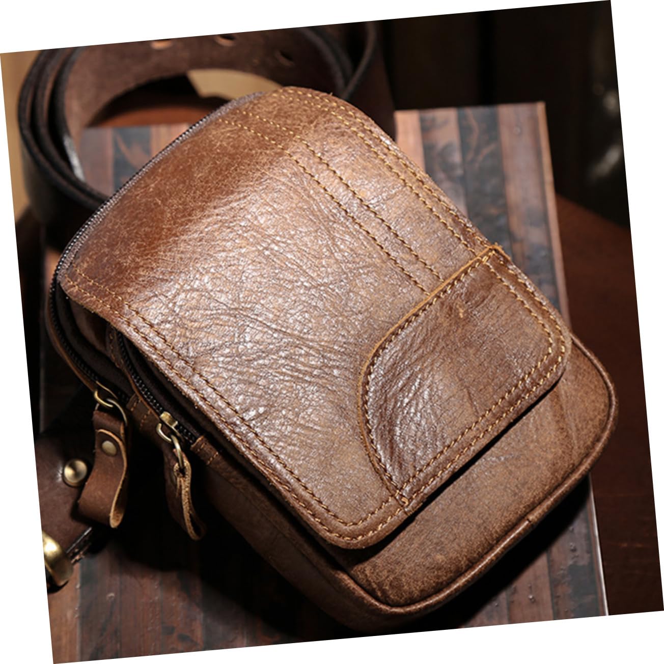 GALPADA Banane Extérieure Rétro pour Homme en Cuir Marron, 1 Pièce