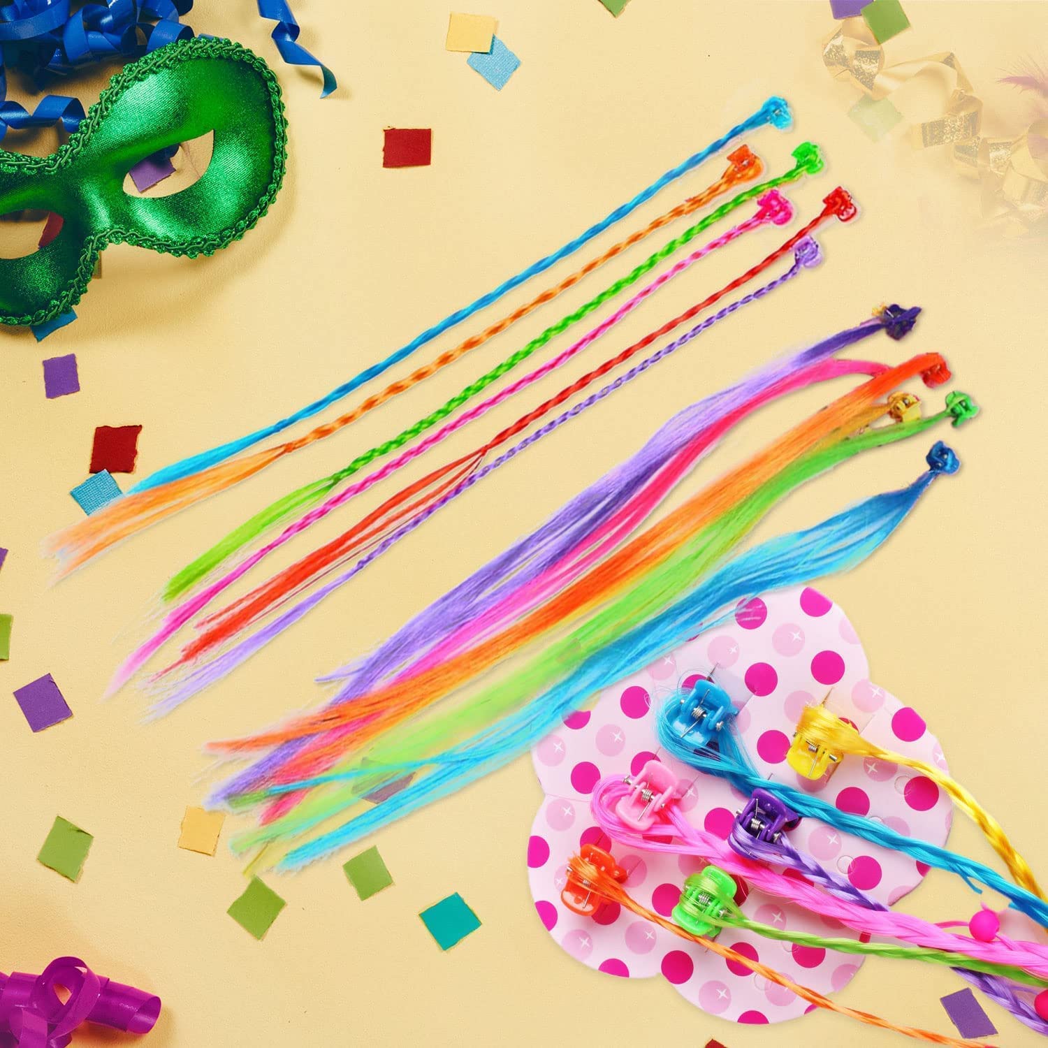 Kids Hair Clip in Colorfull Hair Extension Hair Clips with Tinsel Rainbow False Nylon Wig Braids Extensions Hair Styling Accessories for Baby Girls Adult Multicolor (12 PCS) (Style 1)-image-36