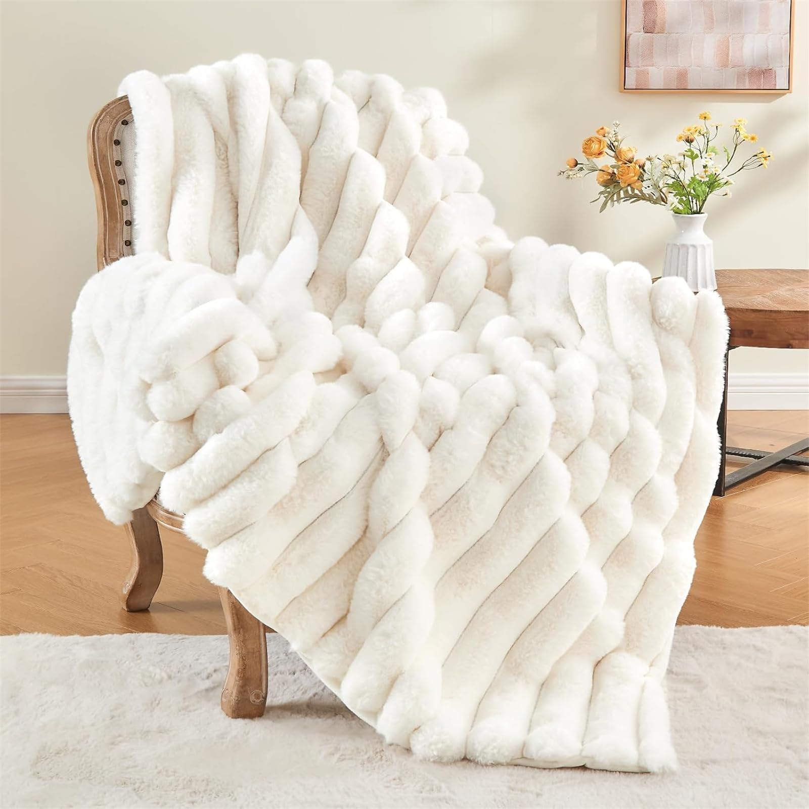 LINGKY Faux Rabbit Fur Luxury Plush Throw Blanket - Super Soft Cozy Fuzzy Blanket Faux Fur Blanket Fluffy Blankets Warm Bed Throws for Couch Bed Sofa, Striped White, 160x200cm