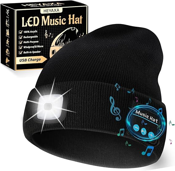 Bluetooth Beanie Hat, USB Rechargeable 4 LED Wireless Music Running Headlamp Cap, Gifts for Christmas, Stocking Stuffer & White Elephant Gifts for Men, Women, Him, Her