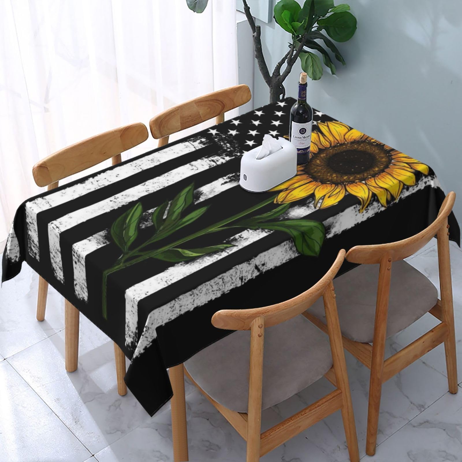 HLBSDM American Flag Sunflower Rectangle Tablecloth, Suitable for Wedding, Party and Restaurant Festival Gathering Event Polyester Fabric Decorative Tablecloth(54x72in)