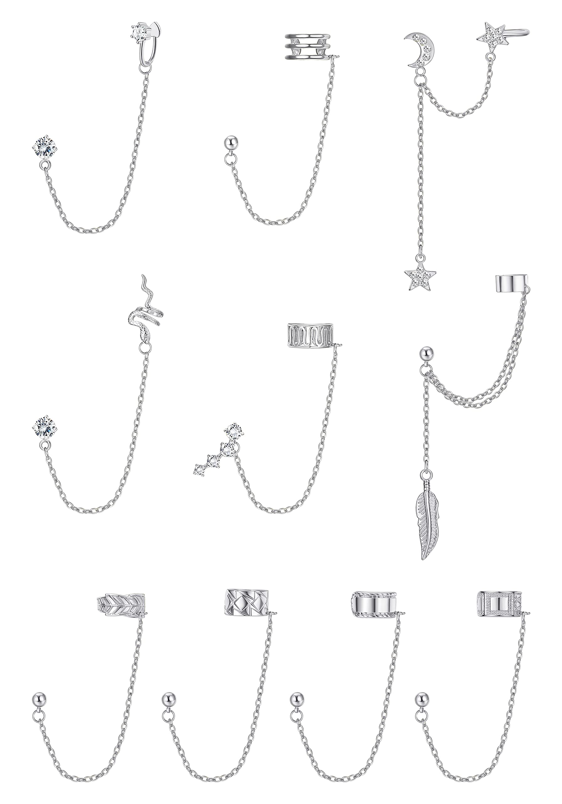 Adramata 10Pcs Pendientes Dorados Plata Cadena para Mujer con Plumas de Serpiente Luna Largos Pendientes de Oreja Cartílago Hélice Pendientes de Oruga con Borla Ear Cuff para Mujer
