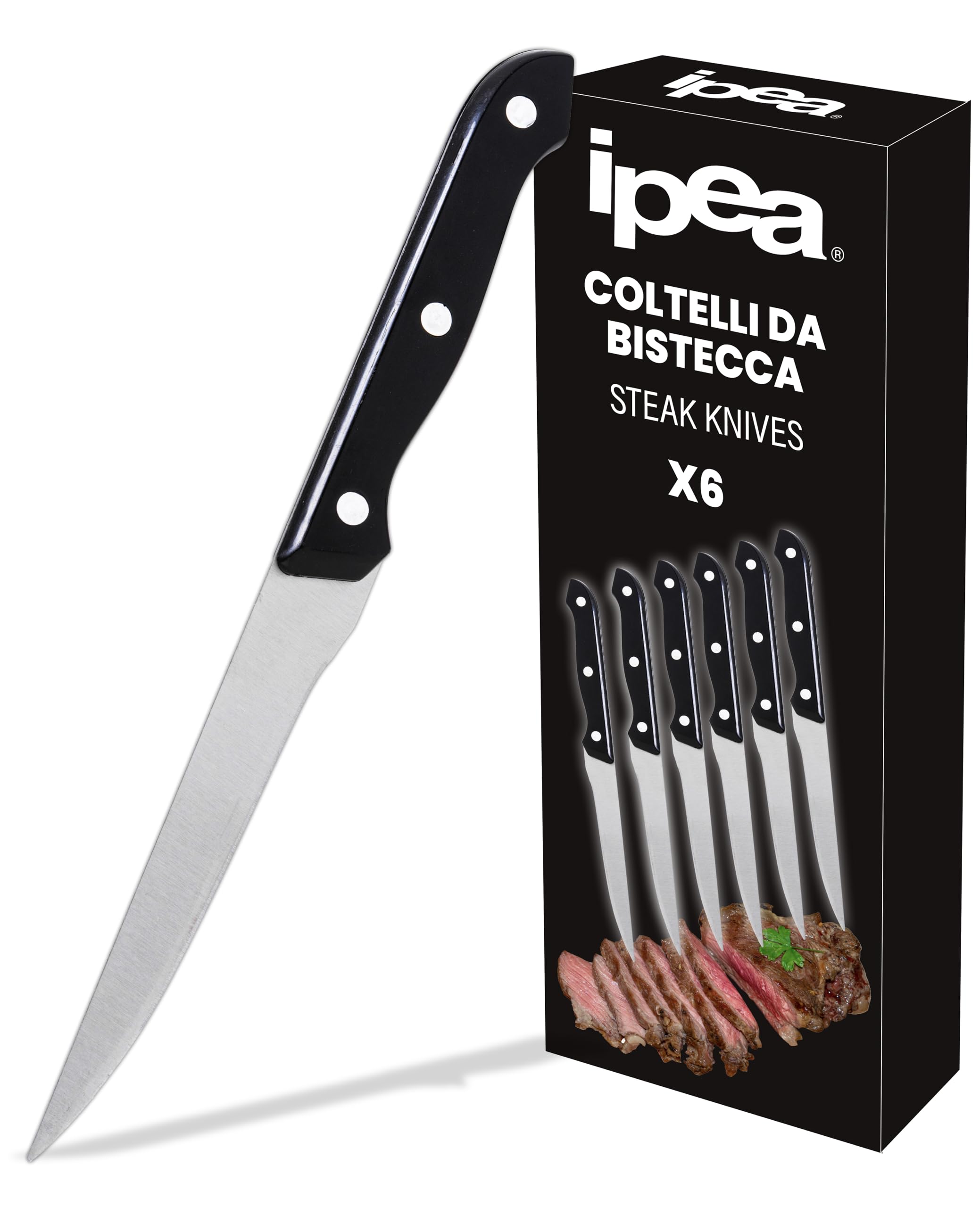 IPEA Cuchillos de Mesa para Carne - Juego de 6 - Cuchillo Carne Afilado con Hoja Lisa de Acero Inoxidable para Cortar Carne y Alimentos para Almuerzo y Cena - Cuchillos para Hogar y Cocina