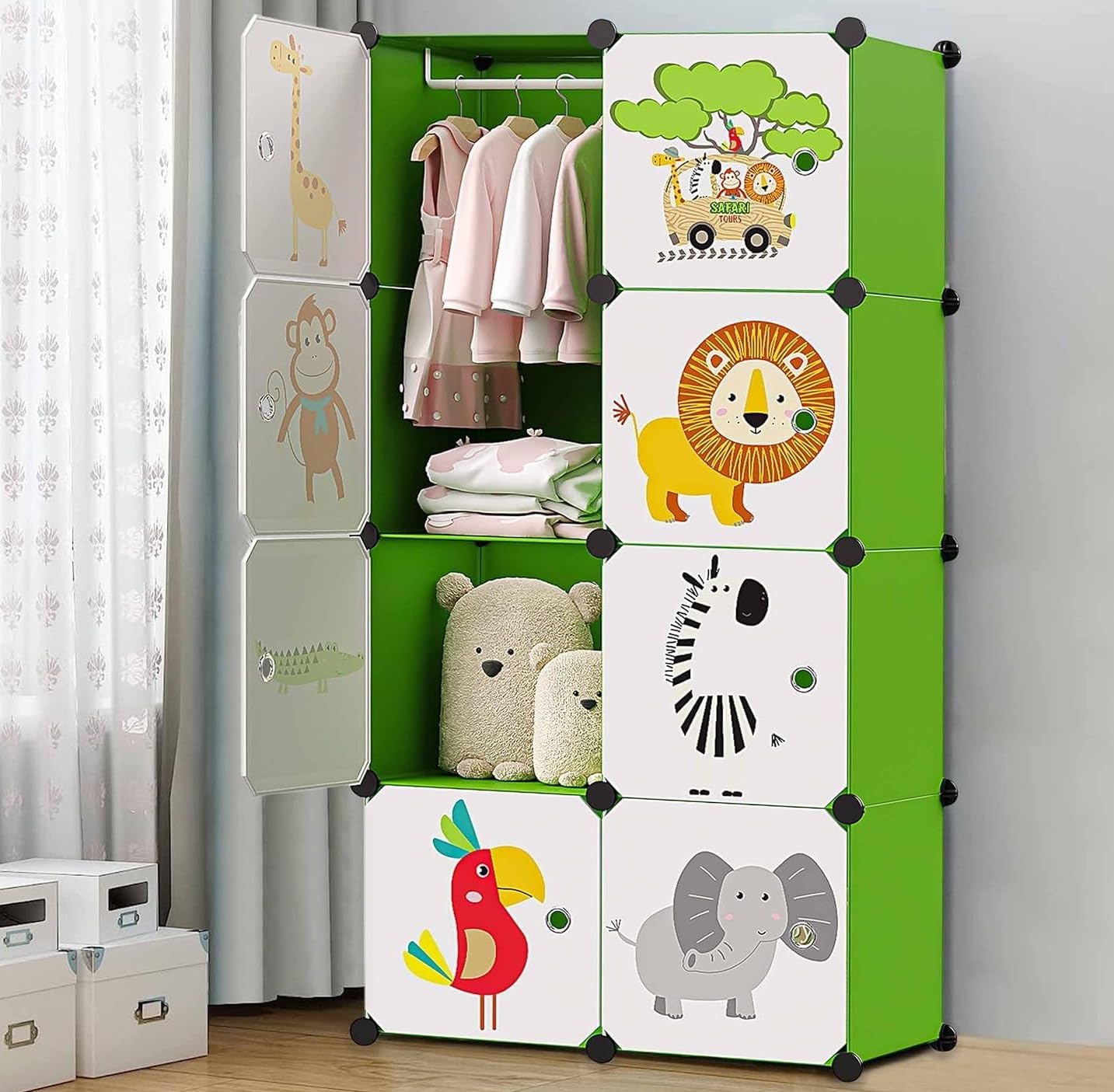 Sunderlook Plastic Wardrobe for Kids Clothes – Professional Collapsible Wardrobe, Easy to Use Foldable Almirah, Plastic Cupboard for Kids for Home (Green-HI, 8 Door)