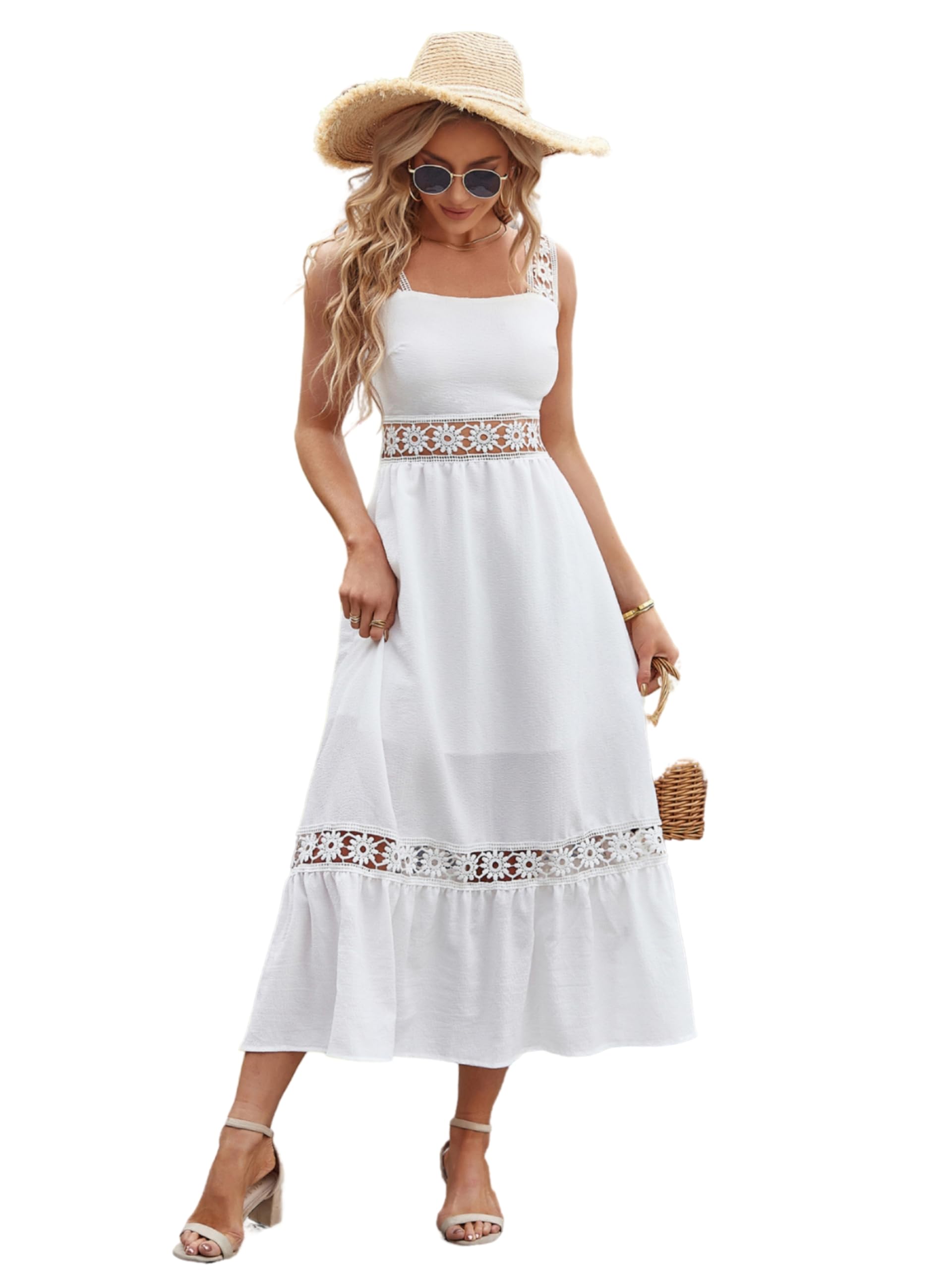 zelzis White Crepe & Lace Crochet Midi Dress-picture-12