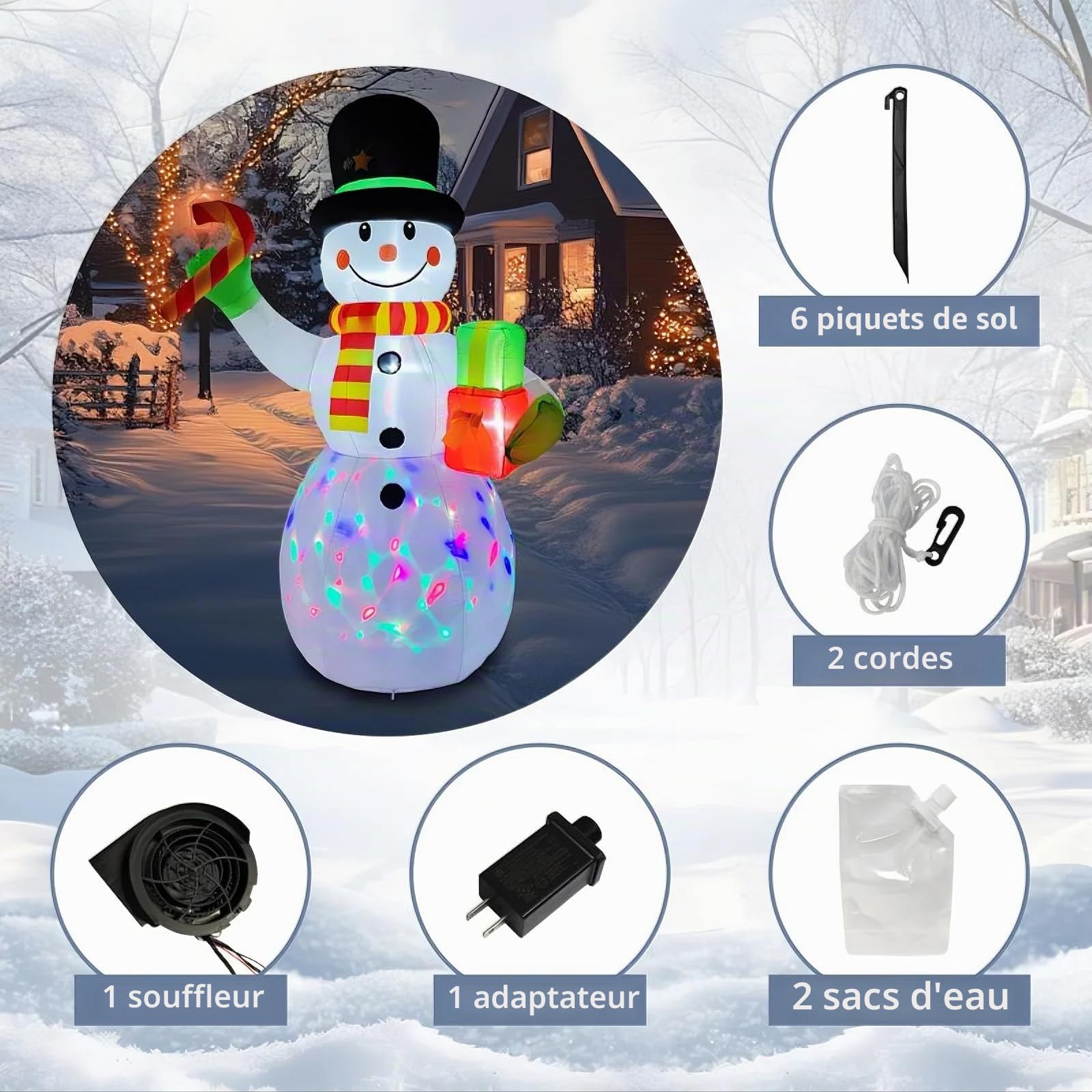 Décorations de Noël Bonhomme de Neige Gonflable, 210cm, 7ft, Blow Up Xmas Décorations Gonflables avec Lumières LED pour Décorations de Noël, Yard Outdoor Garden Lawn Winter Decorations