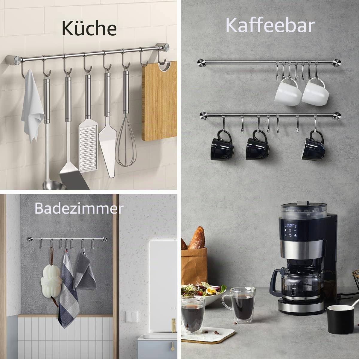 Audmore Küchenutensilien-Rack, 2 Stück, 39.6 cm Töpfe und Pfannen, Hängeregal zur Wandmontage, 304 Edelstahl-Deckel, Kochutensilienaufhänger, 7 Schiebehaken für Spatel, Messbecher, Kaffeebecher