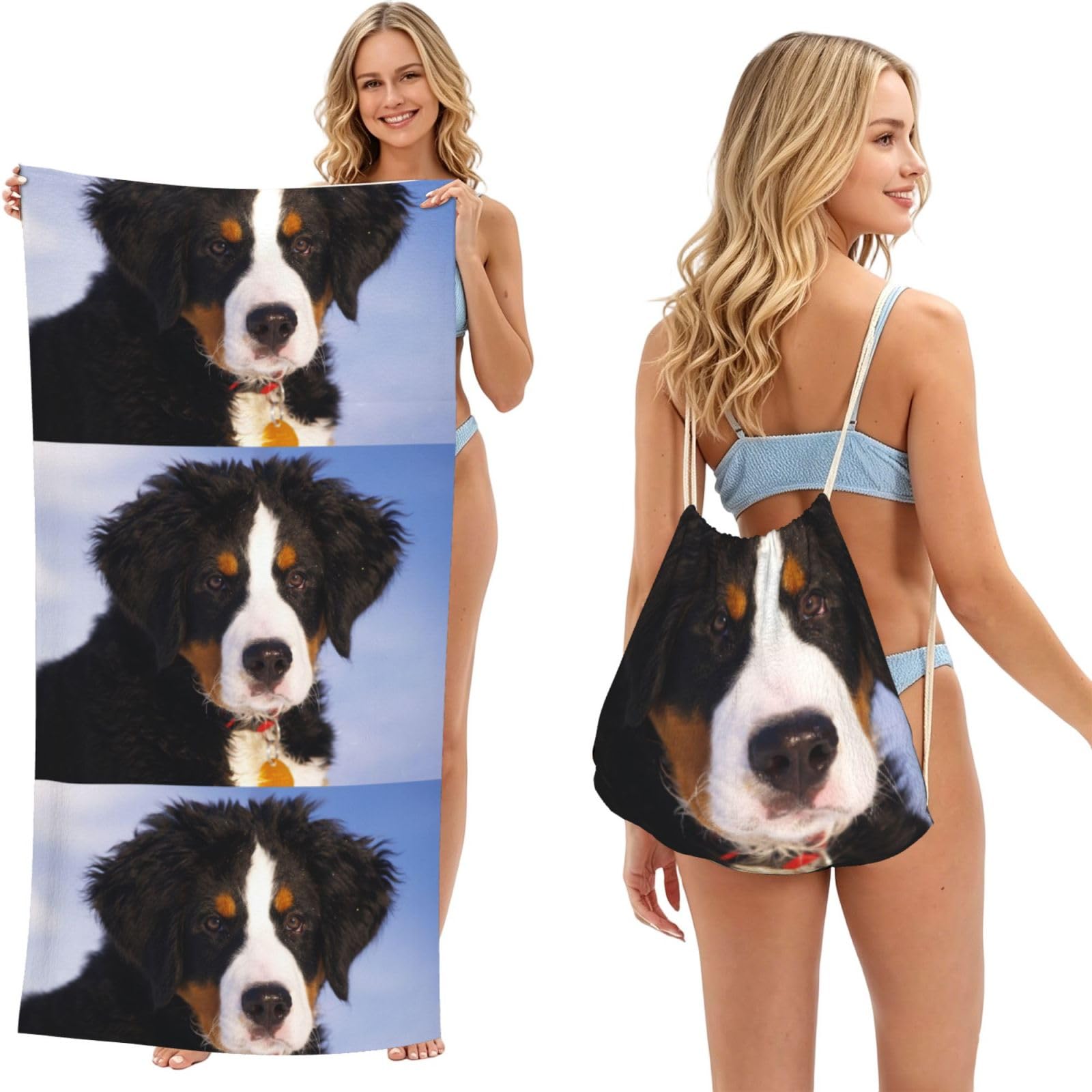 Poadnly As Picture Bernese Mountain Dog, 2 In 1 Packable Towel Bag, Beach Towels With Drawstring Backpack For Travel Holiday Camping