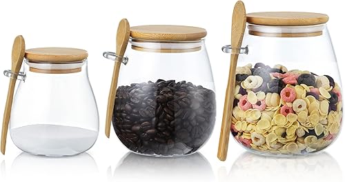 Miniatura 1 de Joeyan Tarro de vidrio con tapa hermética de bambú y cuchara adjunta, recipiente de condimentos para especias de azúcar y sal de 12 onzas, olla