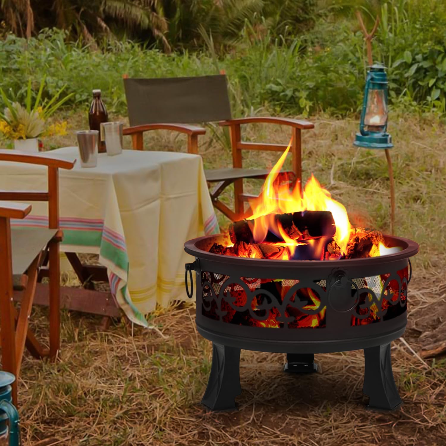 20.5" Black Wood Burning Square Fire Pit with Shelf