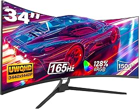 Gawfolk Gaming Curved Monitor 34 Inch 165 Hz, 1500R Ultrawide PC Screen UWQHD 3440 x 1440P, Curved Computer Screen, VA, Display Port, HDMI, VESA 75 x 75 mm