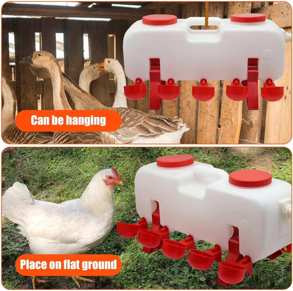 Automatic Chicken Waterer 3 Gallon Chicken Water Feeder Dispenser with Float and 10 Water Cups, Top Fill Poultry Waterer,Hanging Automatic Large Chicken Coop for Chicken Duck Quail Turkey